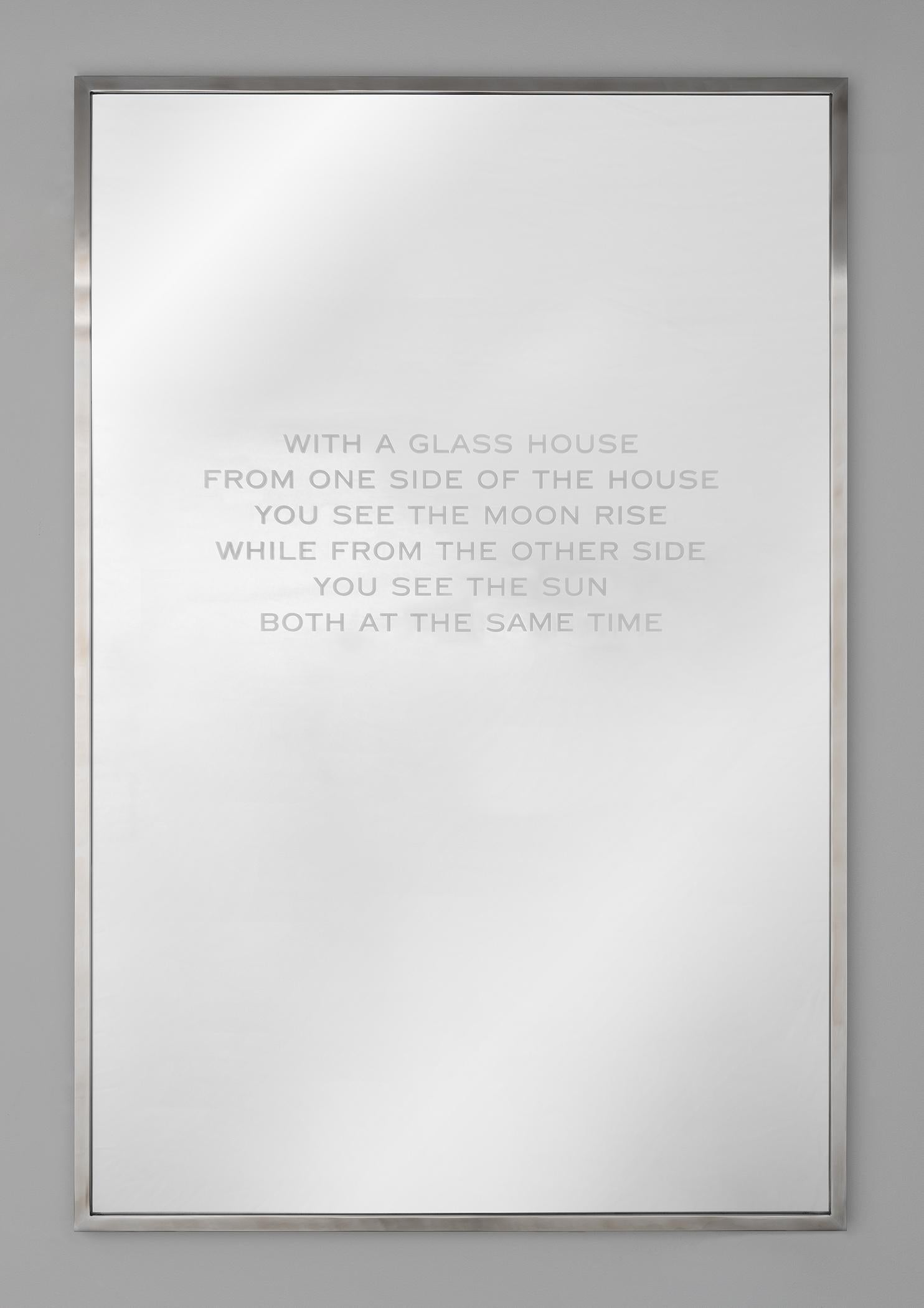 Jenny Holzer
In einem Glashaus, 2018
Spiegel aus geätztem Glas
36 x 24 Zoll
Auflage von 15, 5 AP's
Gestempelt und nummeriert
Text aus Philip Johnson: The Architect in His Own Words von Hilary Lewis und John O'Connor 1994. Verwendung mit Genehmigung.