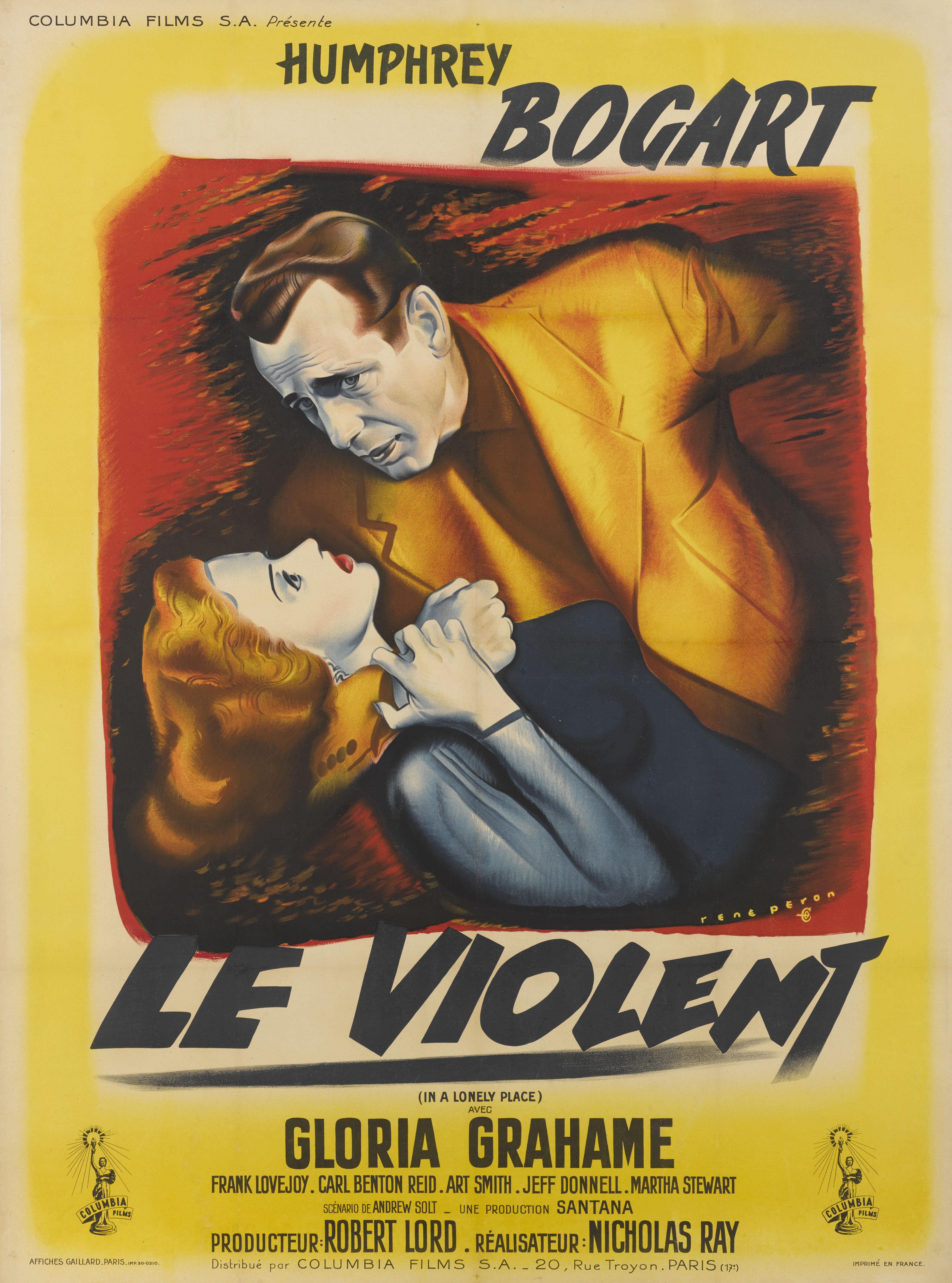Original French film poster for the 1950 Film Noir directed by Nicholas Ray and starring Humphrey Bogart, Gloria Grahame.
The art work on this poster is by the great French poster artist Rene Peron (1904-1972) and was used on this poster for the