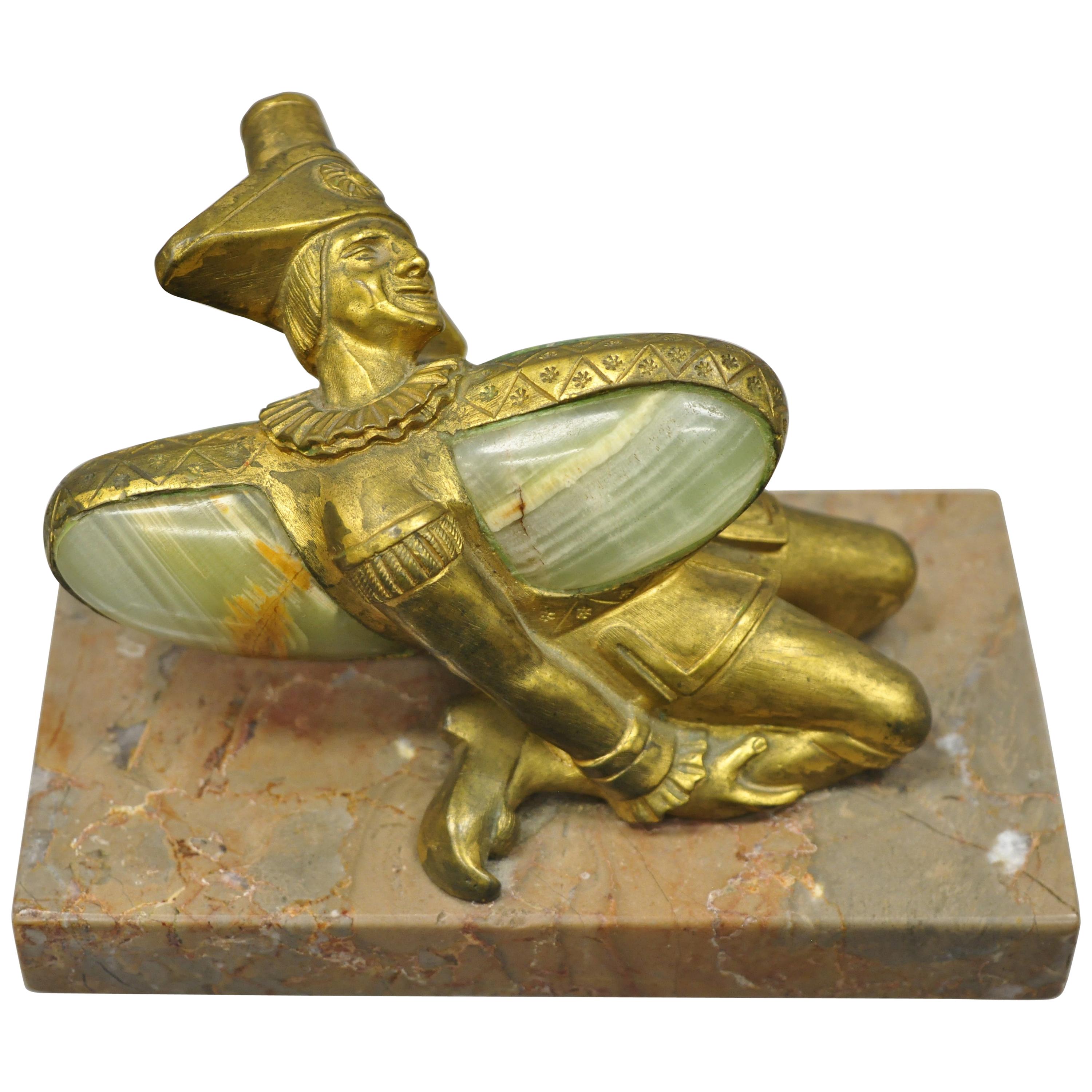 "In a Pickle" Antique Bronze Oriental Trinculo Jester Paperweight Onyx Malachite For Sale