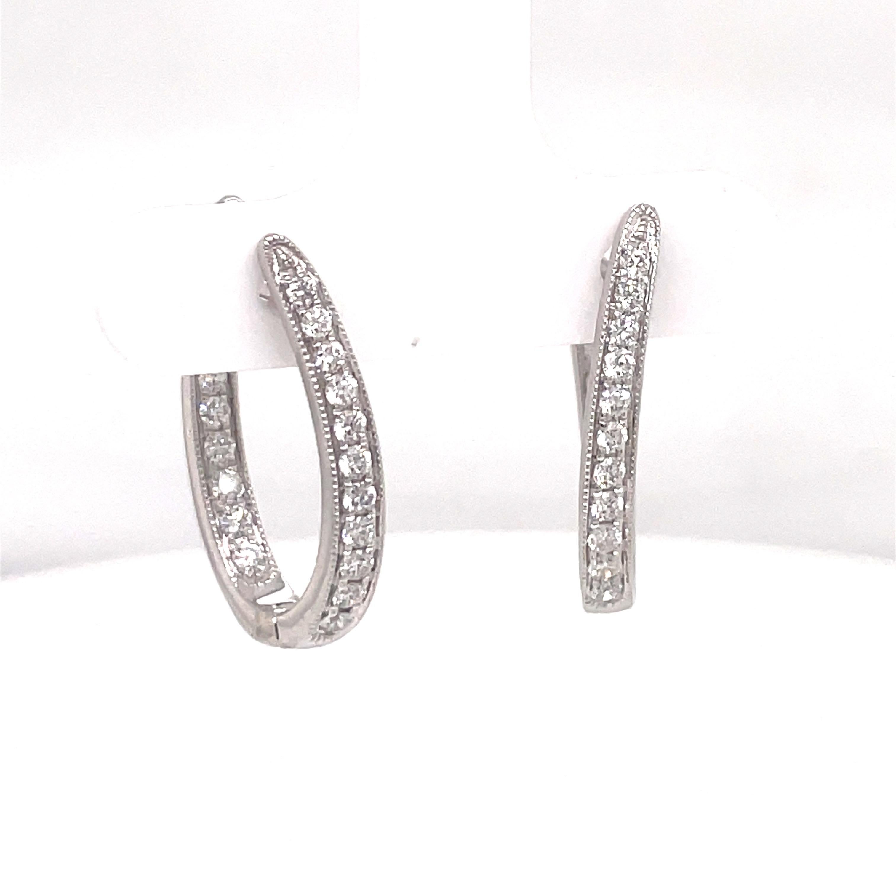 Round Cut In and Out Diamond Hoop Earrings 0.65 Carats 14 Karat White Gold 3.5 Grams For Sale