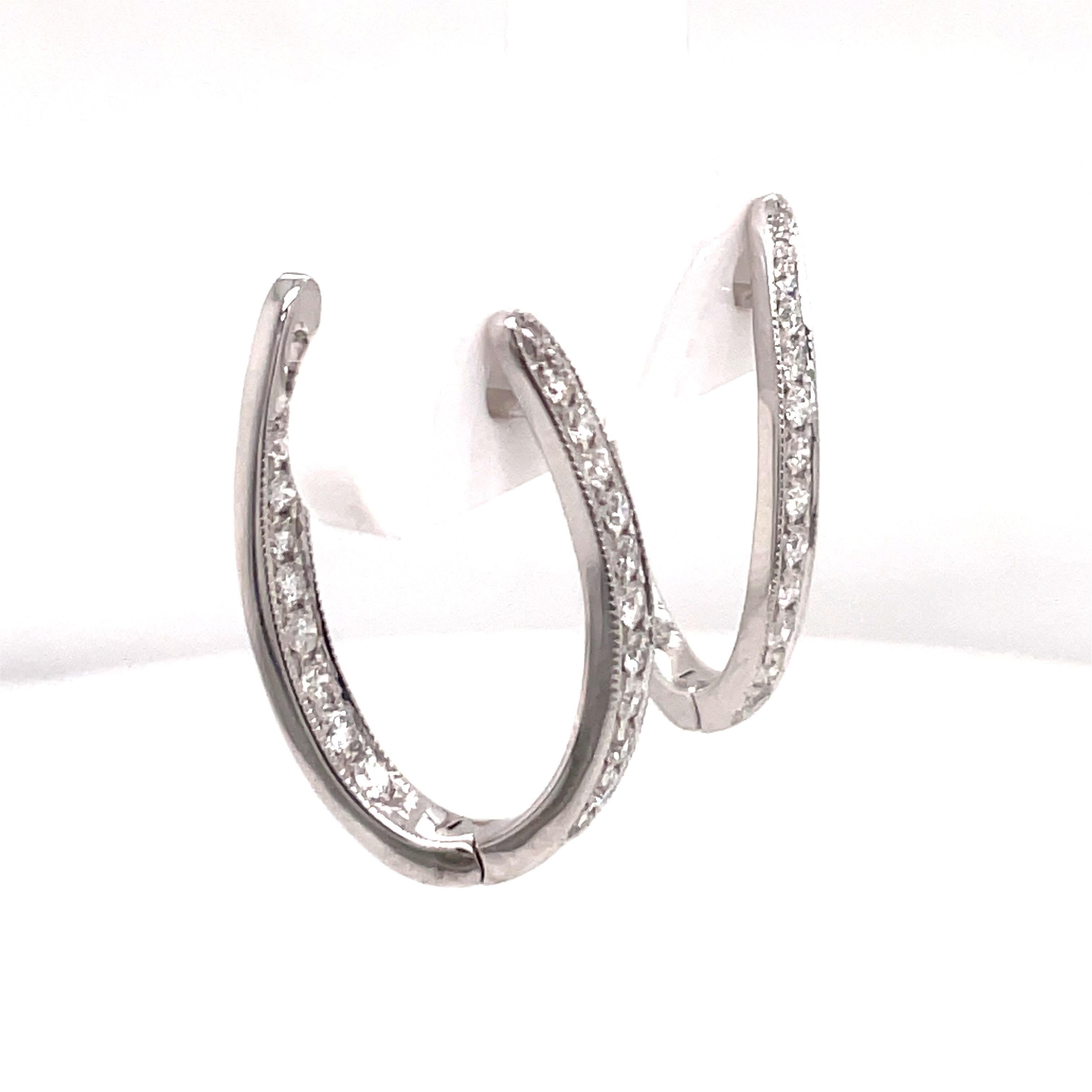 Women's In and Out Diamond Hoop Earrings 0.65 Carats 14 Karat White Gold 3.5 Grams For Sale