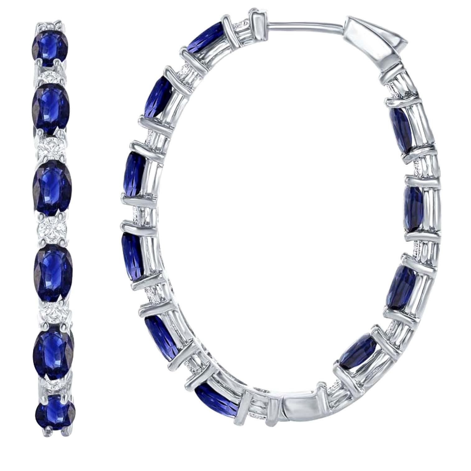 In and Out Hoop Earrings, 7.99ct of Sapphire, 1.13ct Diamond in 18kt White Gold For Sale