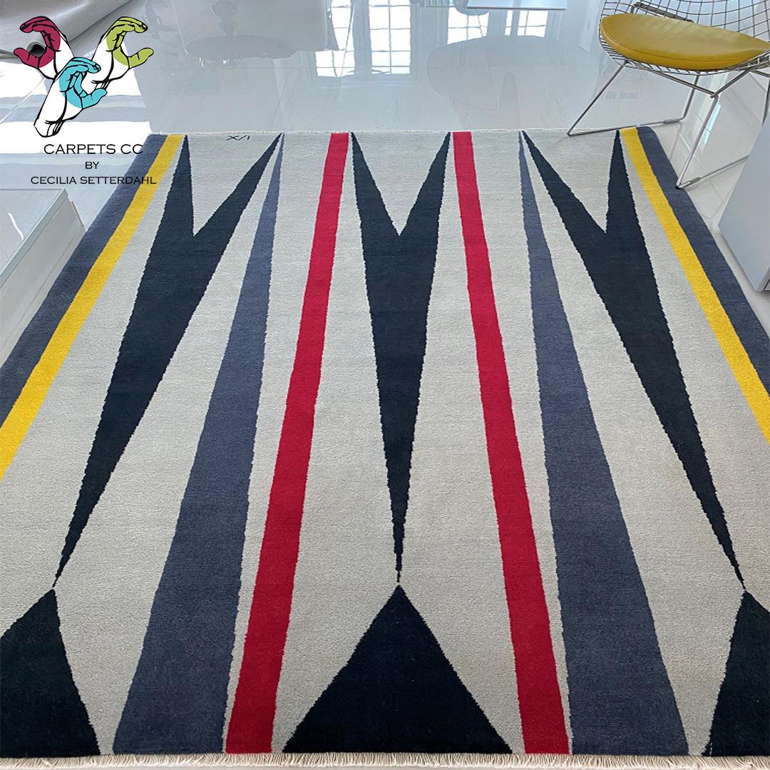 Contemporary  Rug - Modern Geometric Grey Black Wool w/ Red Yellow Patterns Wool Carpet
