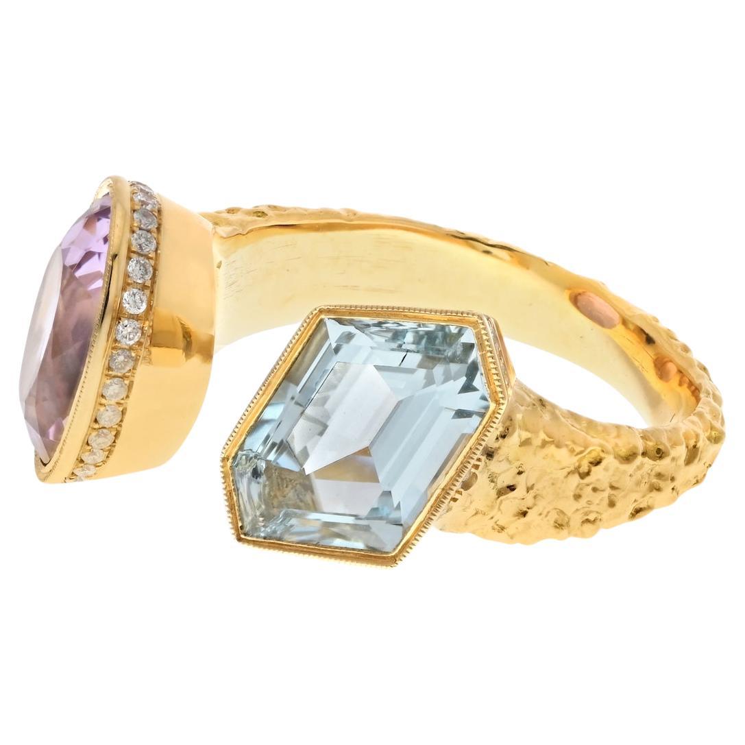 In Between The Finger 18K Yellow Gold Aquamarine And Kunzite Ring