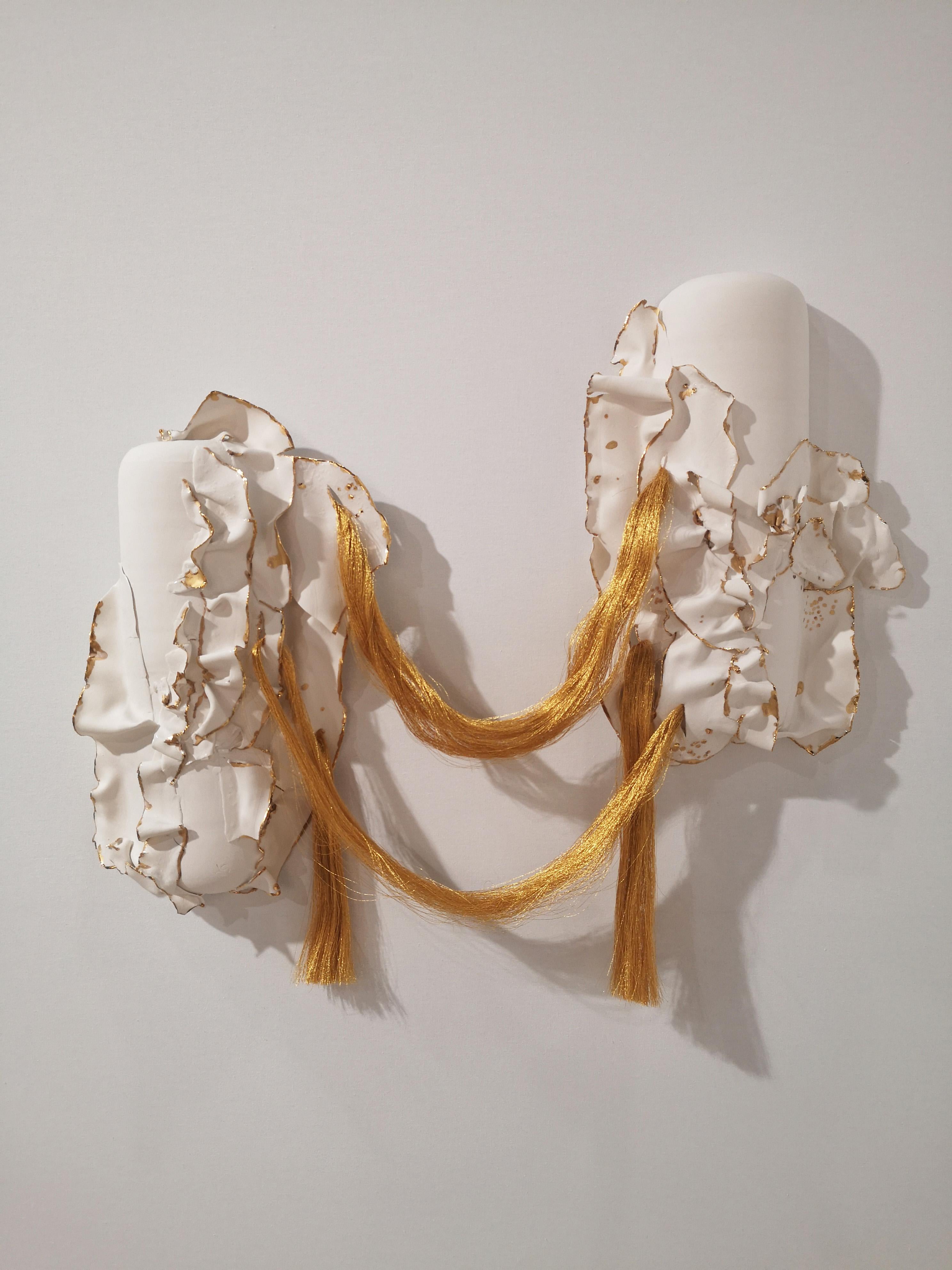 In Between Wall Sculpture by Dora Stanczel
One of a Kind.
Dimensions: D 10 x W 60 x H 80 cm.
Materials: Porcelain, thread, metal and gold.

I create bespoke and luxurious porcelain pieces with a careful aesthetic. Beyond the technical mastery of