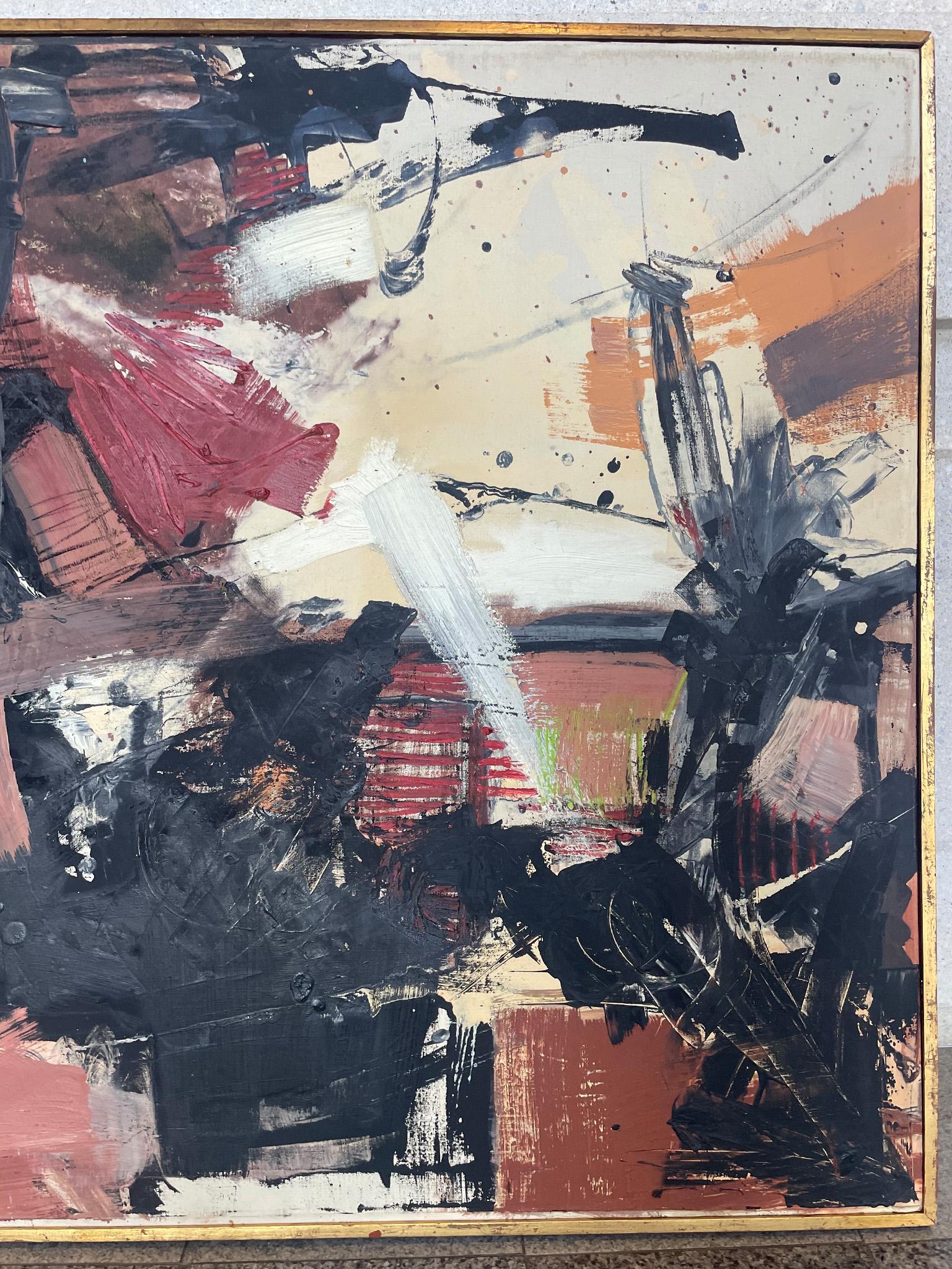 Mia Blumenstock (American, ? – 2018)
Abstract Composition / “In Conflict”.
Unsigned and undated. 
Gallery label on verso. 
Oil on canvas. 

Dimensions:
40 in. Height
49 in. Width

Condition notes:
In good condition, with minor scuffs and