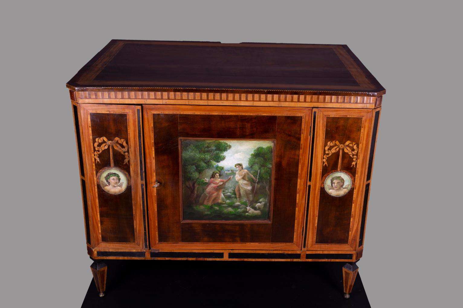 Neoclassical mahogany cabinet/commode, with painted panels - circa 1800.  