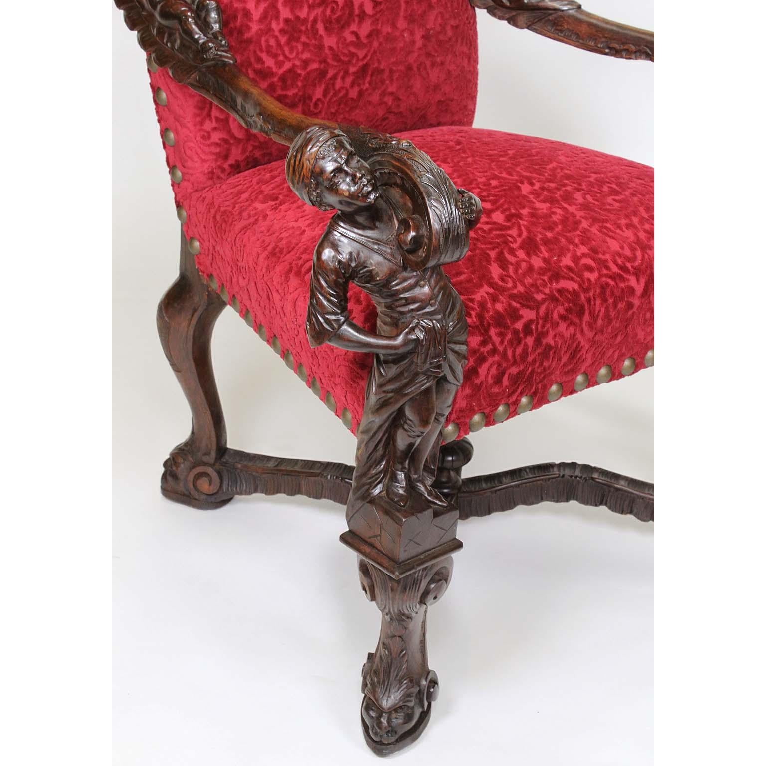 In Manner of Andrea Brustolon Venetian 19th Century Carved Walnut Figural Throne For Sale 8