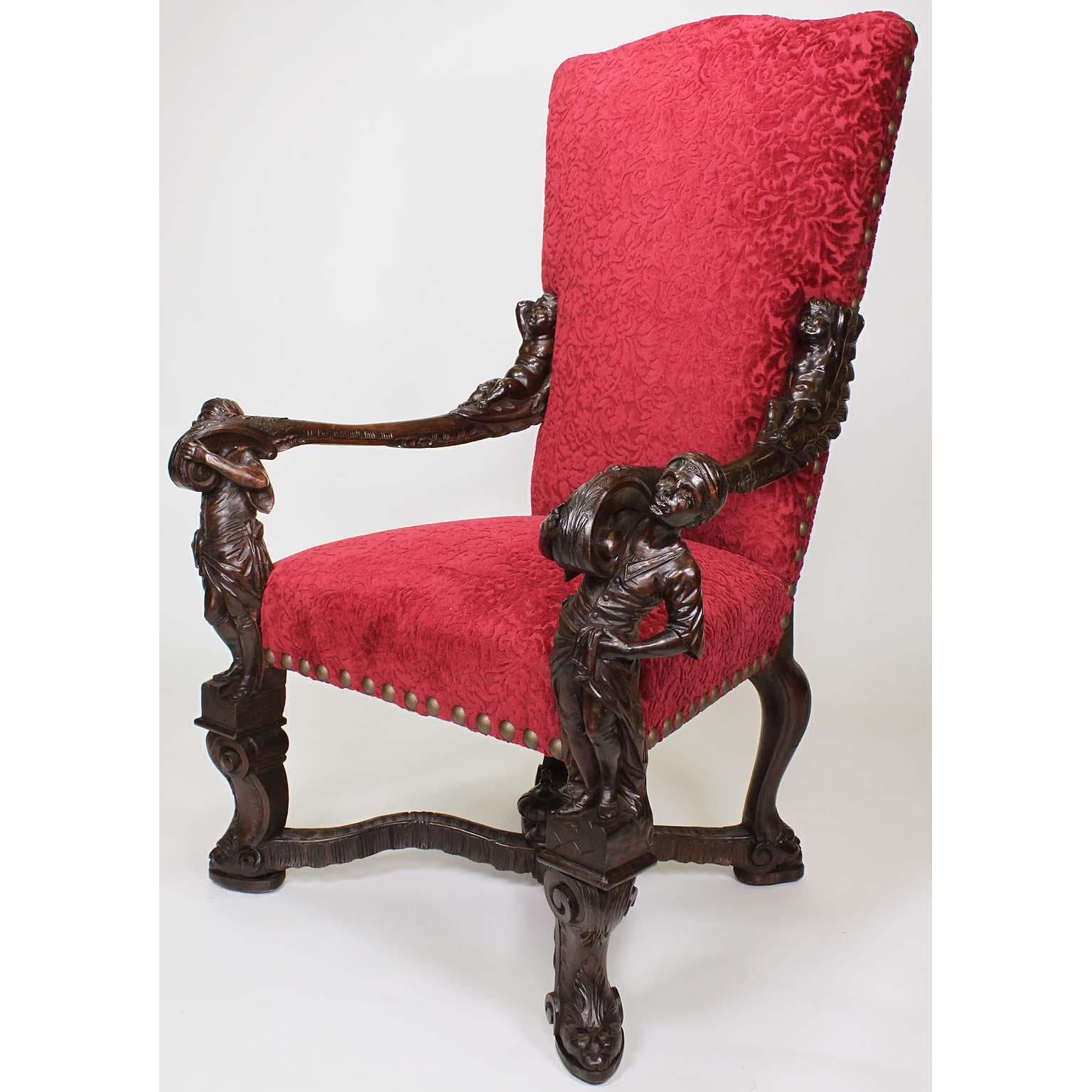 A fine Italian 19th century Baroque style carved walnut figural throne armchair, attributed to Valentino Panciera Besarel (Venice, 1829-1902) in the manner of Andrea Brustolon (1662-1732). The ornately carved frame flanked on each side by Venetian