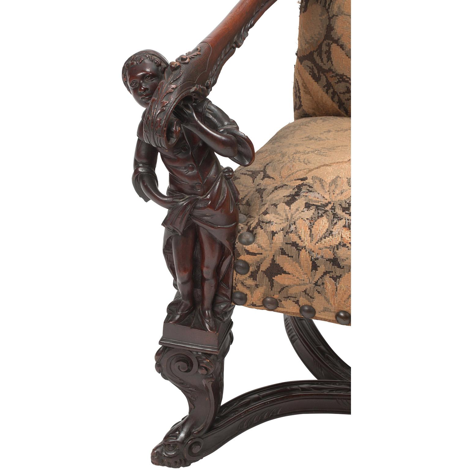 italien À la manière d'Andrea Brustolon, trône vénitien figuratif en noyer sculpté du 19ème siècle en vente