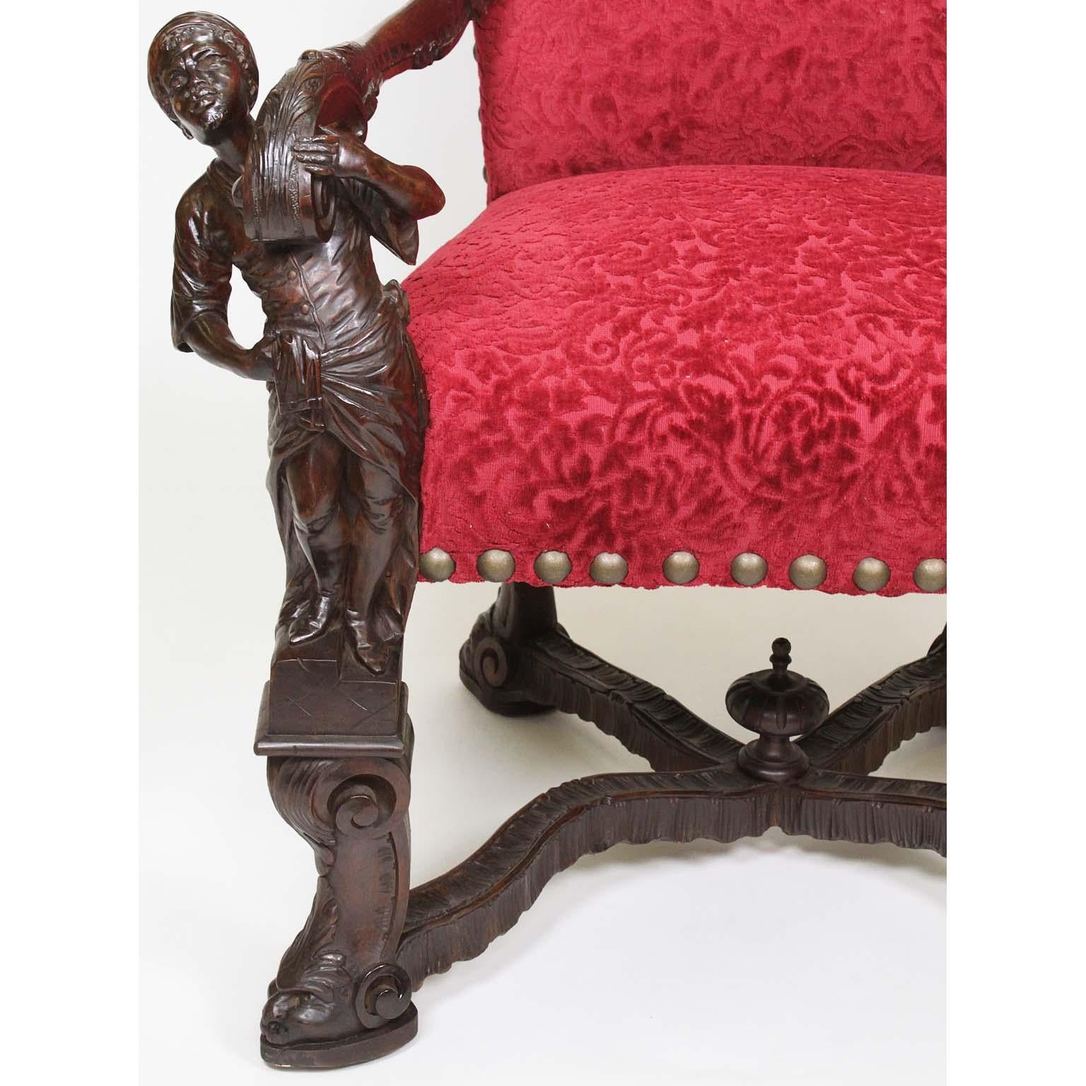 Baroque In Manner of Andrea Brustolon Venetian 19th Century Carved Walnut Figural Throne For Sale