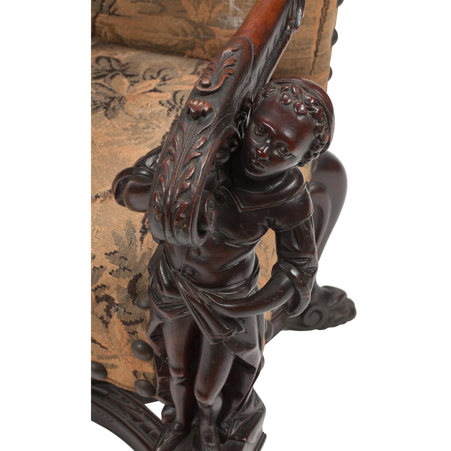 Hand-Carved In Manner of Andrea Brustolon Venetian 19th Century Carved Walnut Figural Throne For Sale