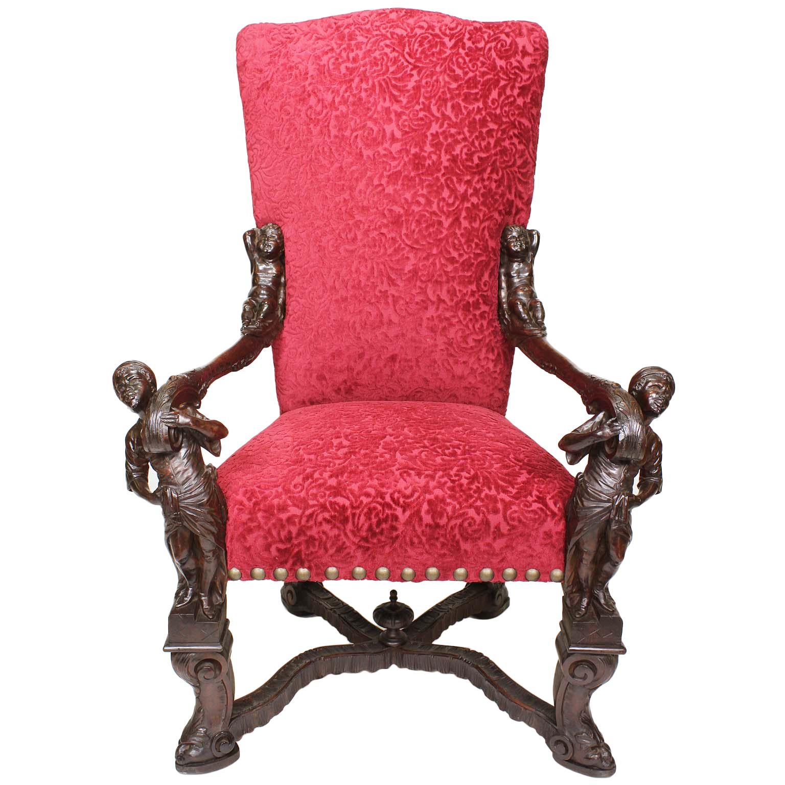 In Manner of Andrea Brustolon Venetian 19th Century Carved Walnut Figural Throne For Sale