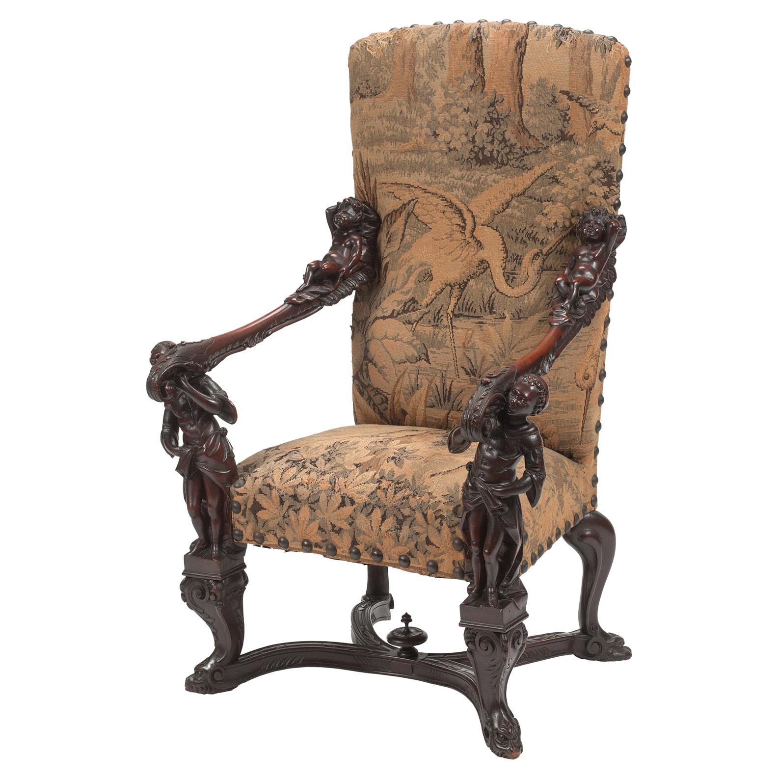 In Manner of Andrea Brustolon Venetian 19th Century Carved Walnut Figural Throne For Sale