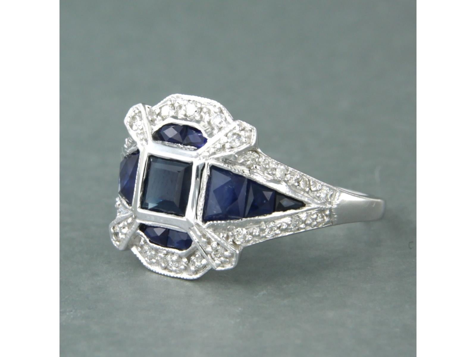 Women's in memory of ART DECO ring with sapphire and brilliant cut diamonds 14k gold For Sale