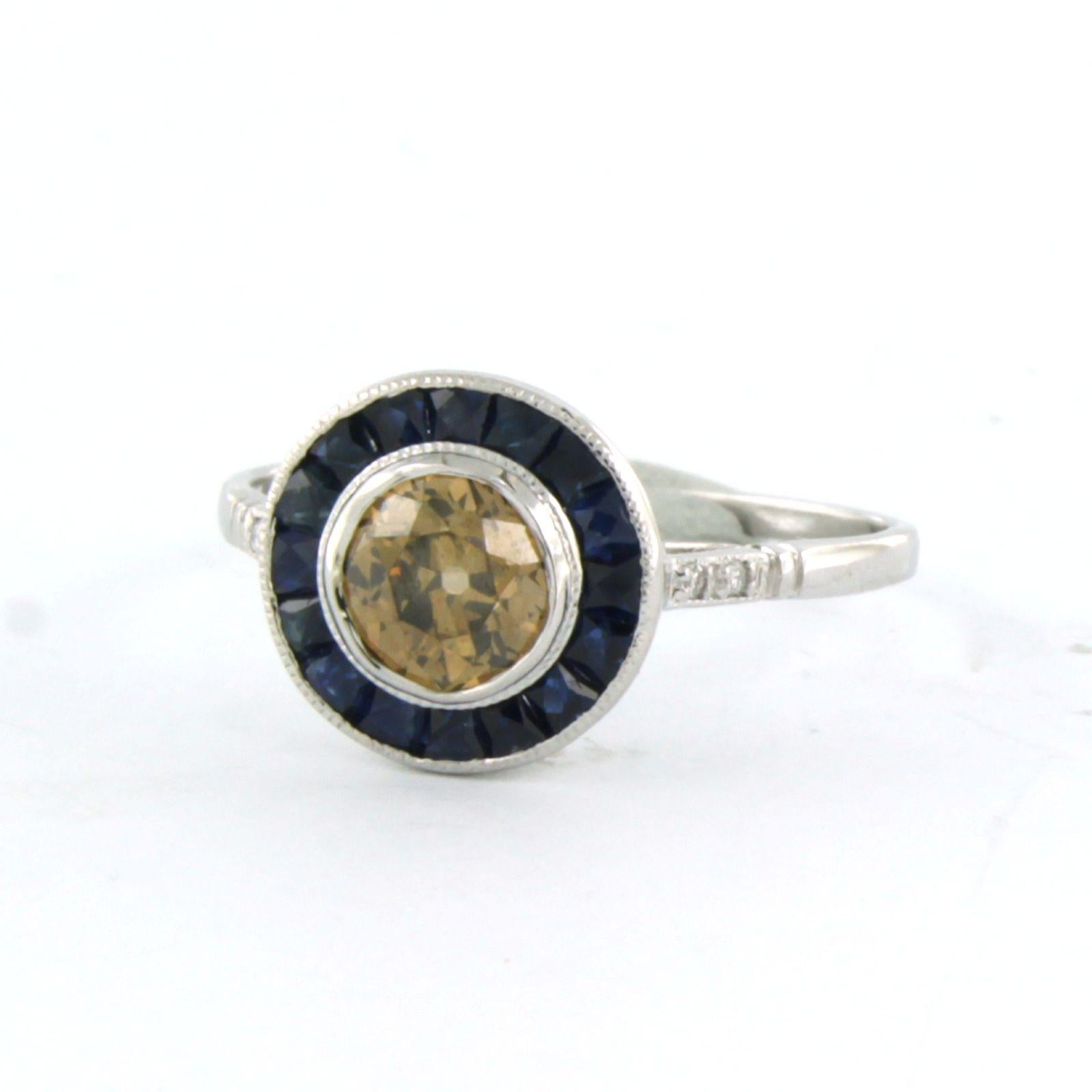 Old Mine Cut In memory of ART DECO ring with sapphire and diamonds up to 0.78ct 14k gold For Sale