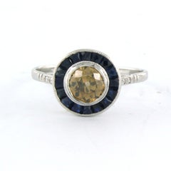 En memoria de ART DECO anillo con zafiro y diamantes hasta 0,78ct oro de 14k