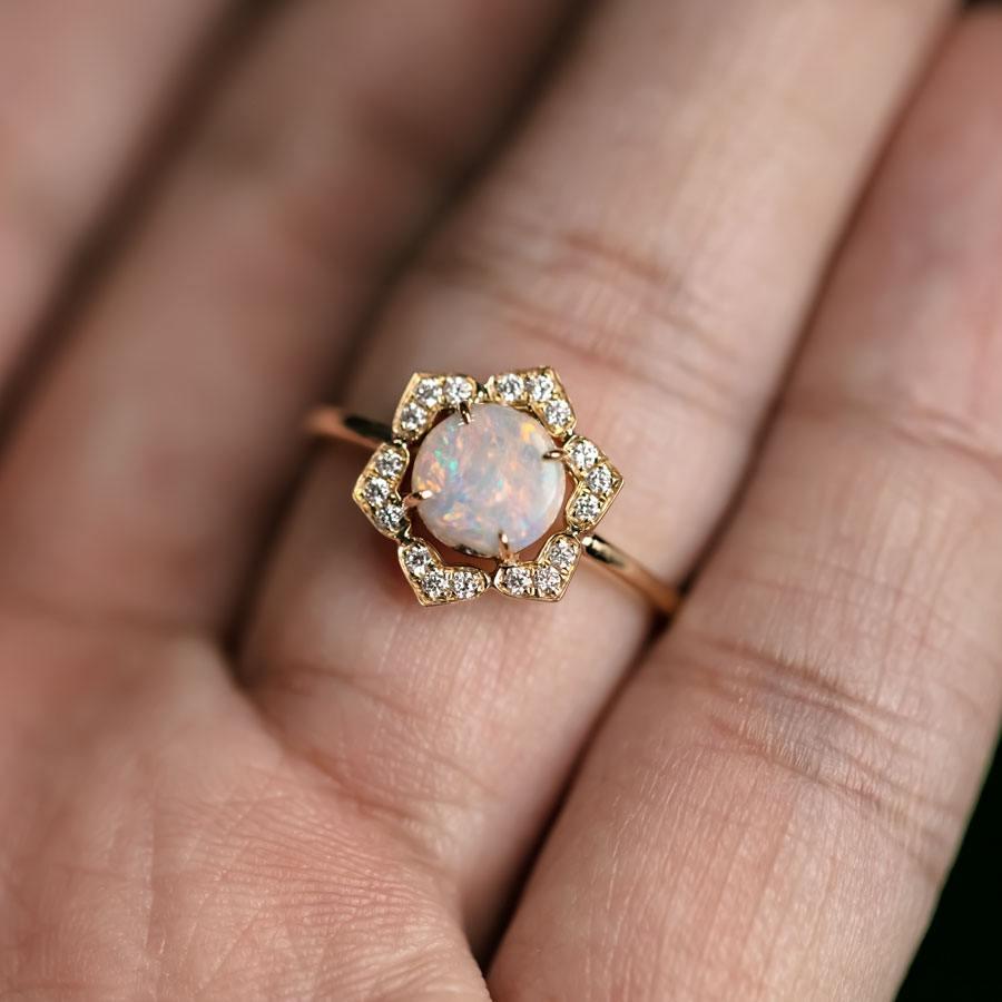 Arts and Crafts In My Heart - Boulder Opal Diamond Engagement Ring 18K Yellow Gold For Sale