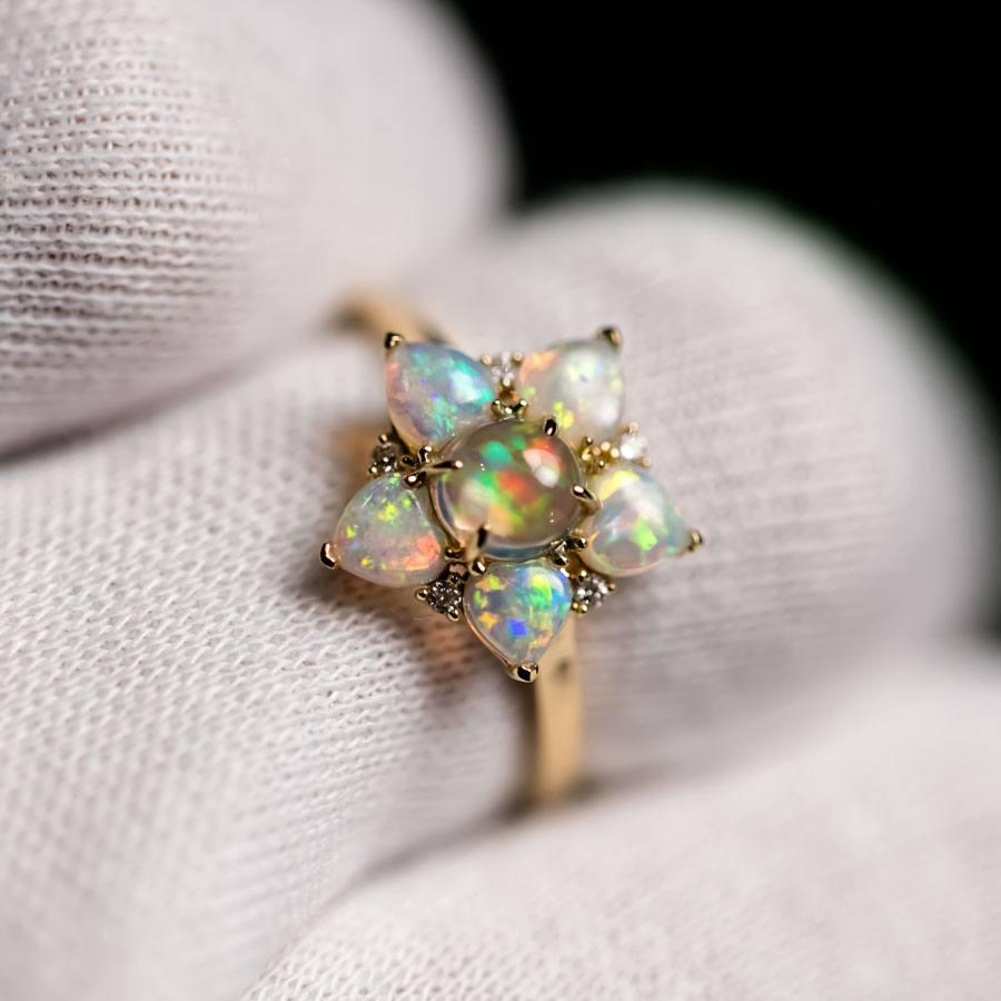 Arts and Crafts In My Heart - Fire Opal & Australian Opal Diamond Engagement Ring 18K Gold For Sale