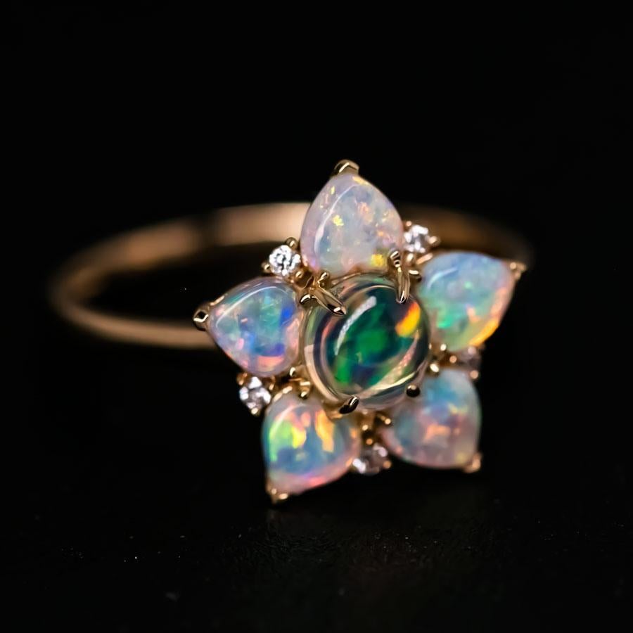 In My Heart - Fire Opal & Australian Opal Diamond Engagement Ring 18K Gold In New Condition For Sale In Suwanee, GA