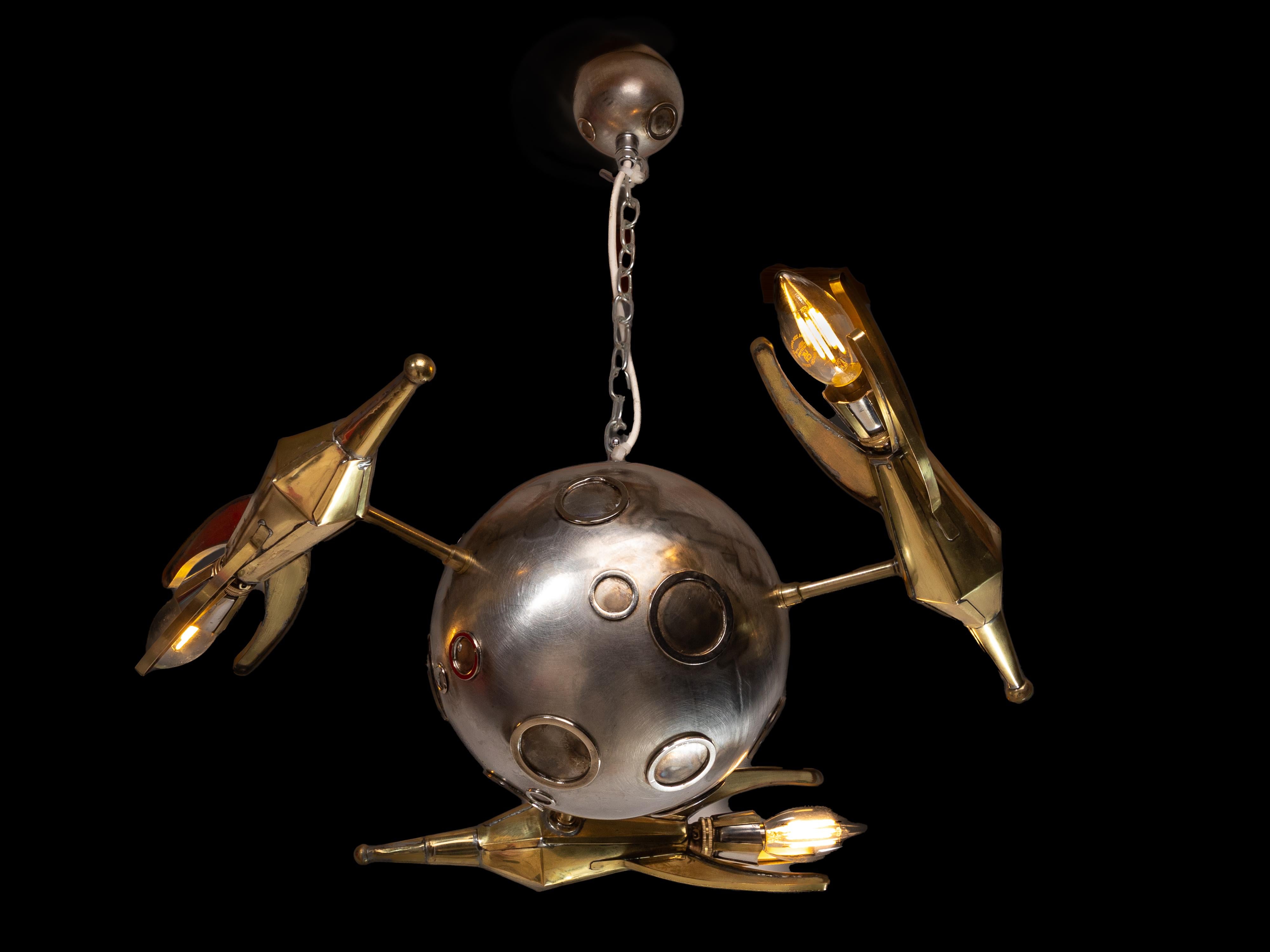 Art Deco Steel and brass ceiling light by Sam Rush in 1930's movies style For Sale