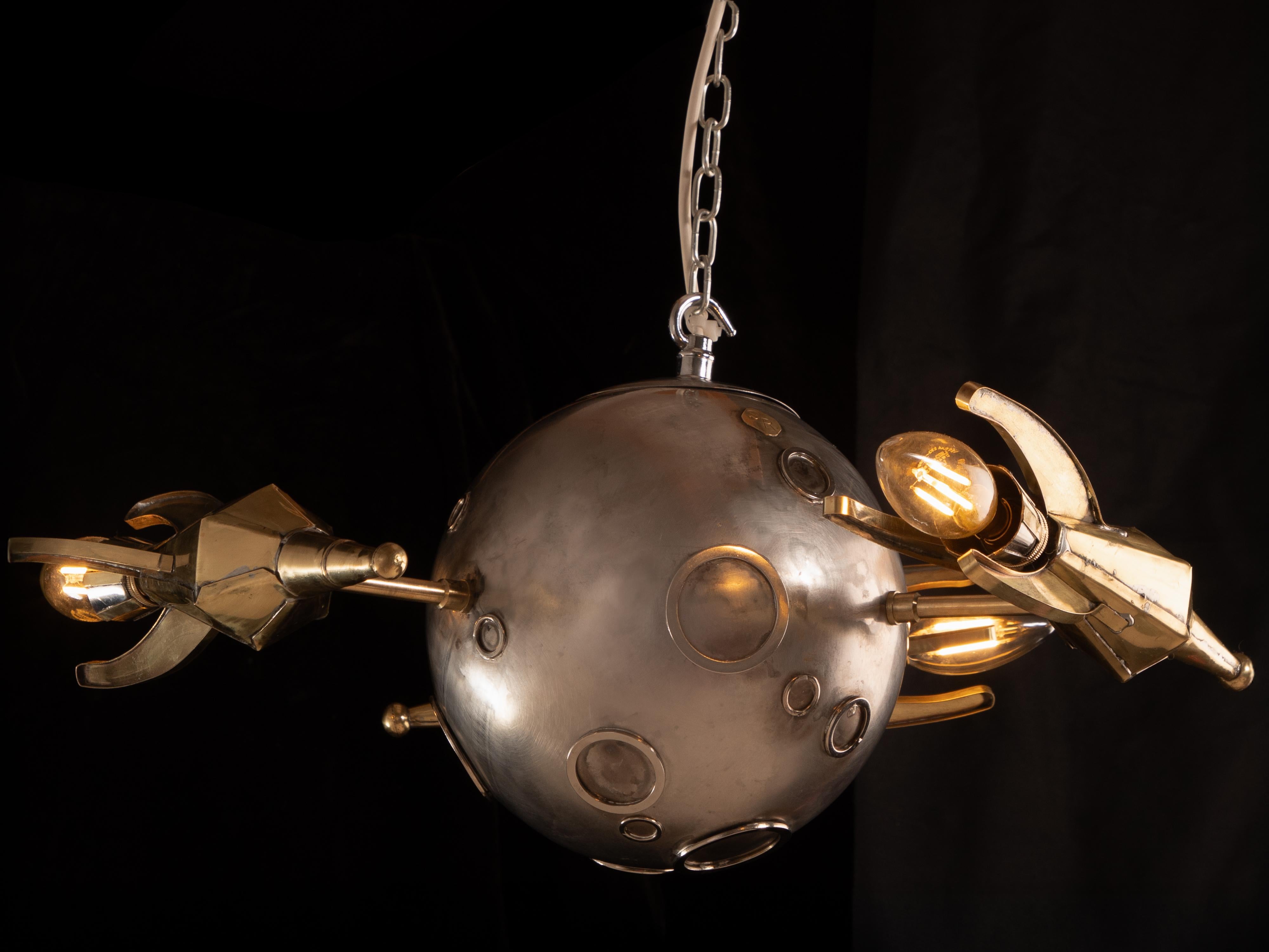 English Steel and brass ceiling light by Sam Rush in 1930's movies style For Sale