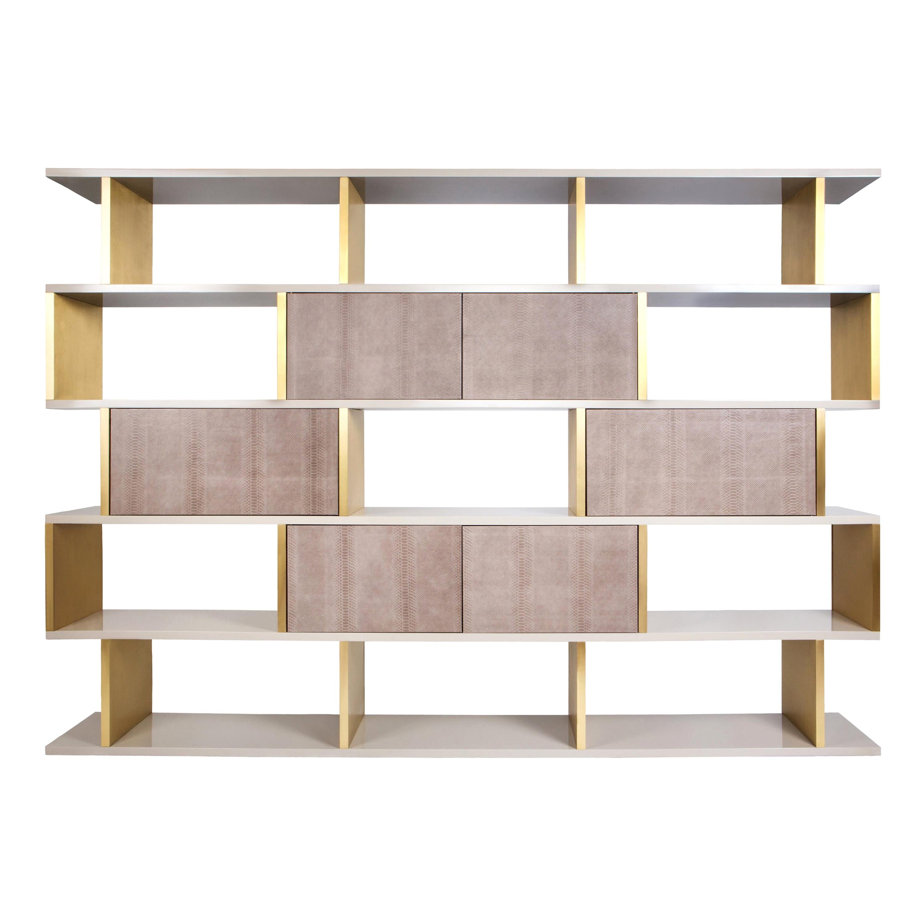 In & Out Bookshelf in lacquered wood, brushed brass and exotic leather For Sale