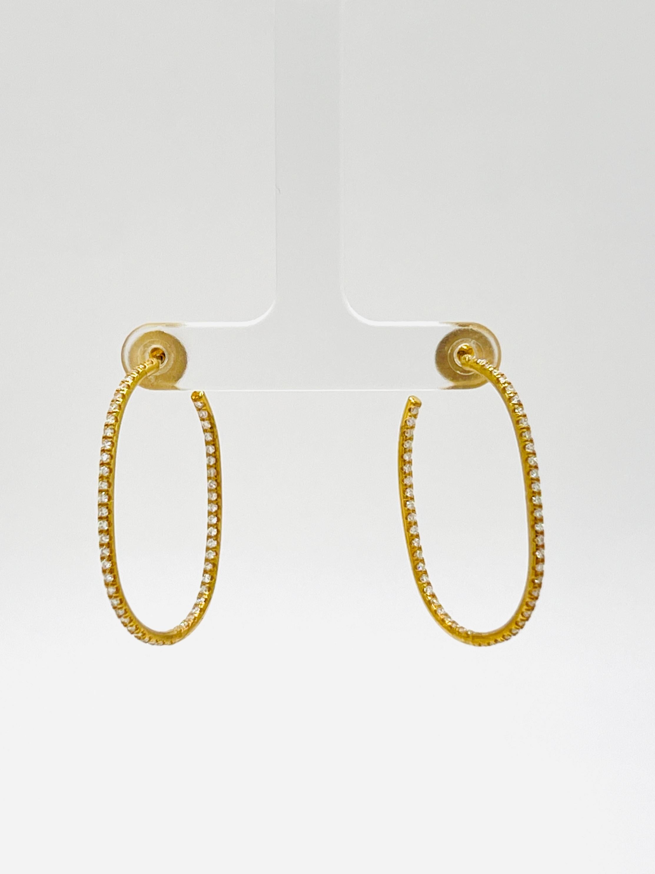 Women's or Men's In & Out White Diamond Semi-Hoop Earrings in 18K Yellow Gold