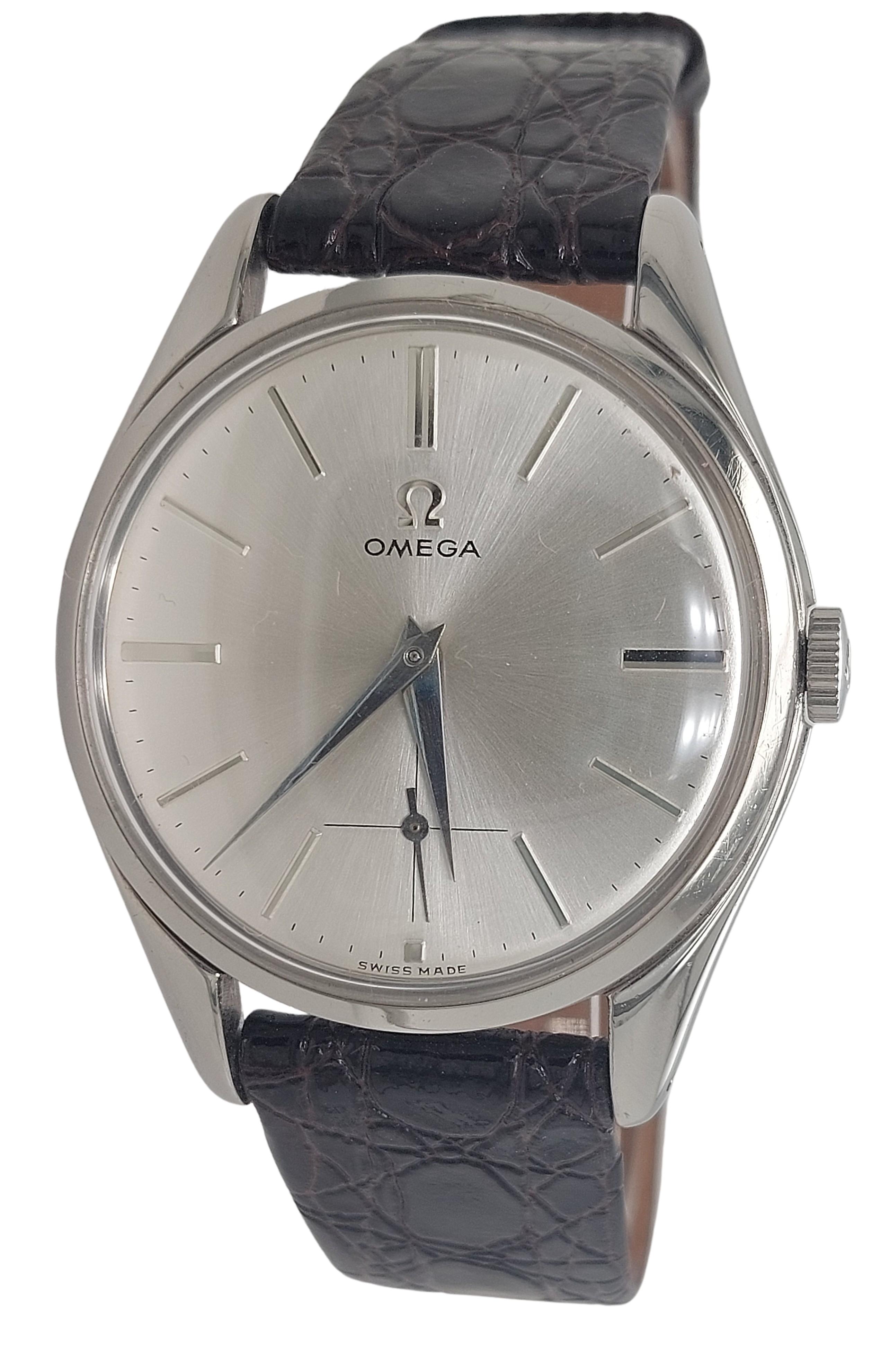 In Perfect Condition Stainless Steel Omega Calibre 265, Mechanical Movement

Calibre 265

Case: Stainless Steel, diameter 36 mm, thickness 9.5 mm, pressure closure case back

Dial: Silver dial ,steel indexes 

Strap: Brown leather strap , will max