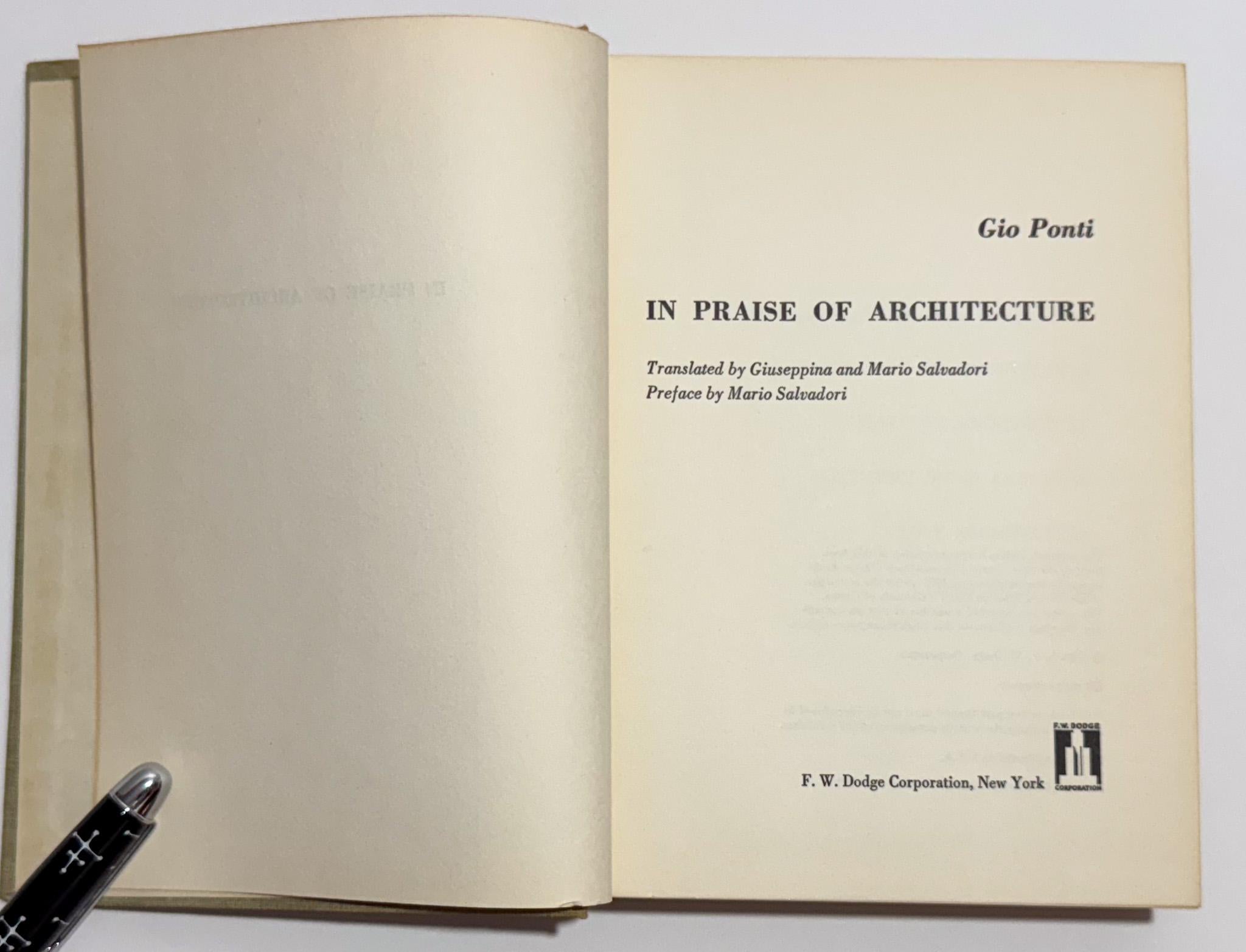 Éloge de l'architecture par Gio Ponti (1ère édition américaine) Bon état - En vente à New York, NY