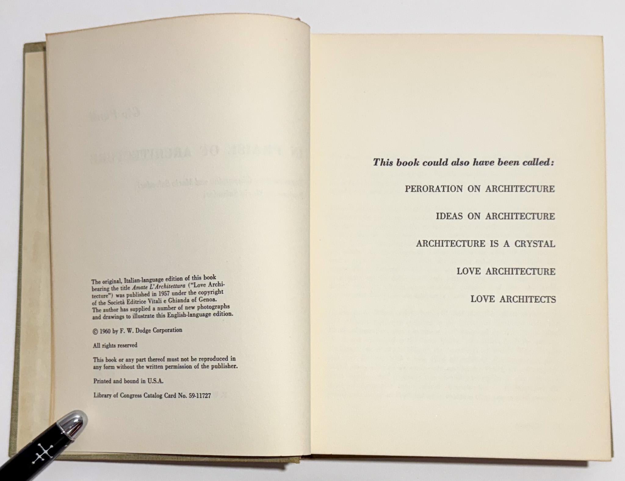 Milieu du XXe siècle Éloge de l'architecture par Gio Ponti (1ère édition américaine) en vente