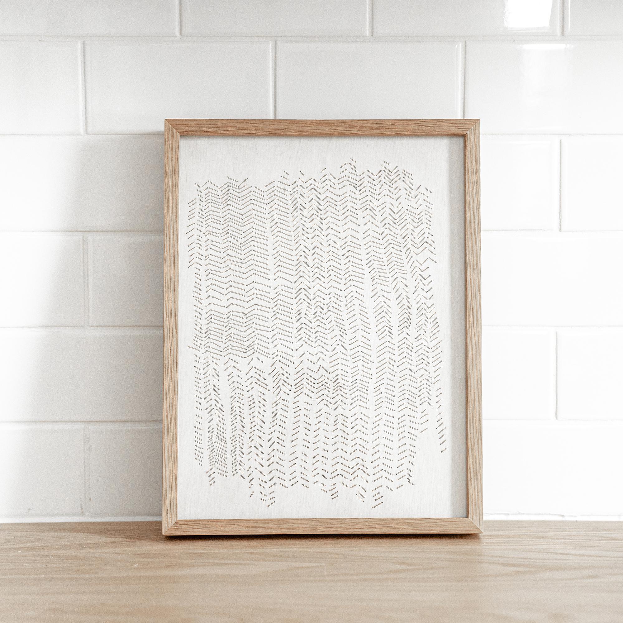 Minimalist In Prints Etching into White Washed Birch 'Herringbone' For Sale