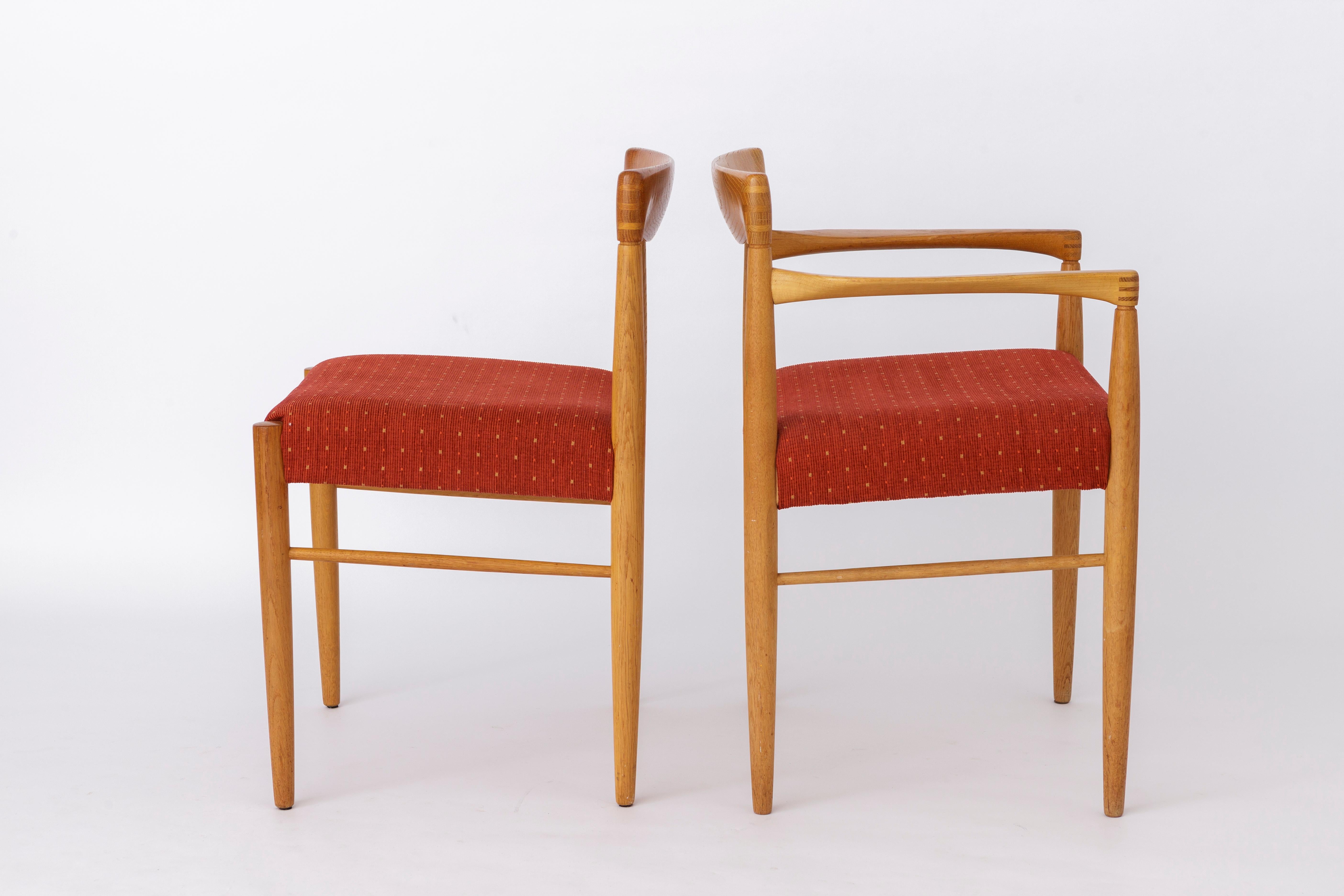 Working on a set of 8 Bramin chairs. One armchair + 7 side chairs. 
On the photos you see 2 chairs from the whole set. All chairs are in same good condition.  
Design: by Danish architect Henry Walter Klein in the 1960s. 
Displayed price is for a