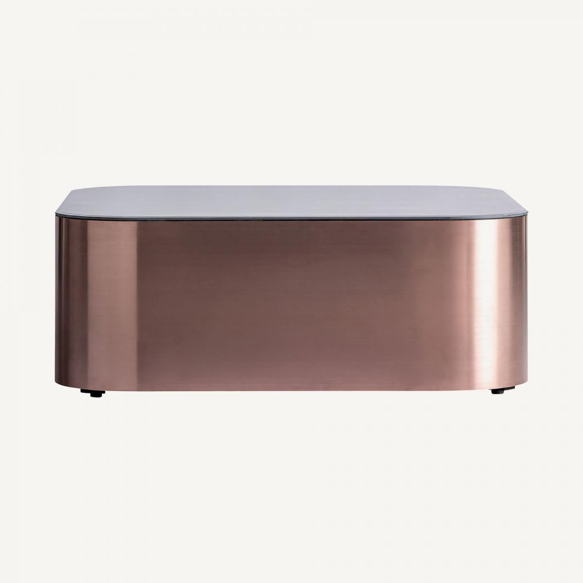 Presenting an exquisite coffee table that exudes the allure of Art Deco design in a captivating copper color. Crafted with a combination of steel and synthetic marble, this table is a stunning fusion of materials that seamlessly blends strength and