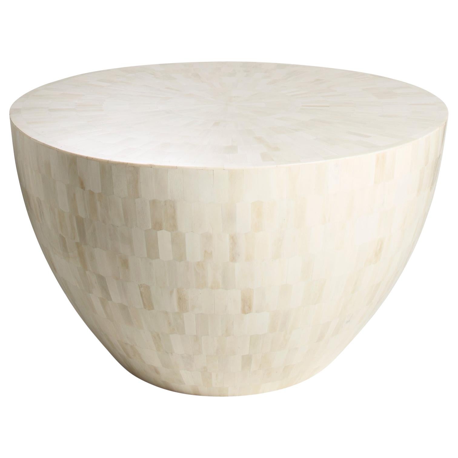 In stock Art Deco Style Round Table with Bone Marquetry on Wood, Half Moon For Sale