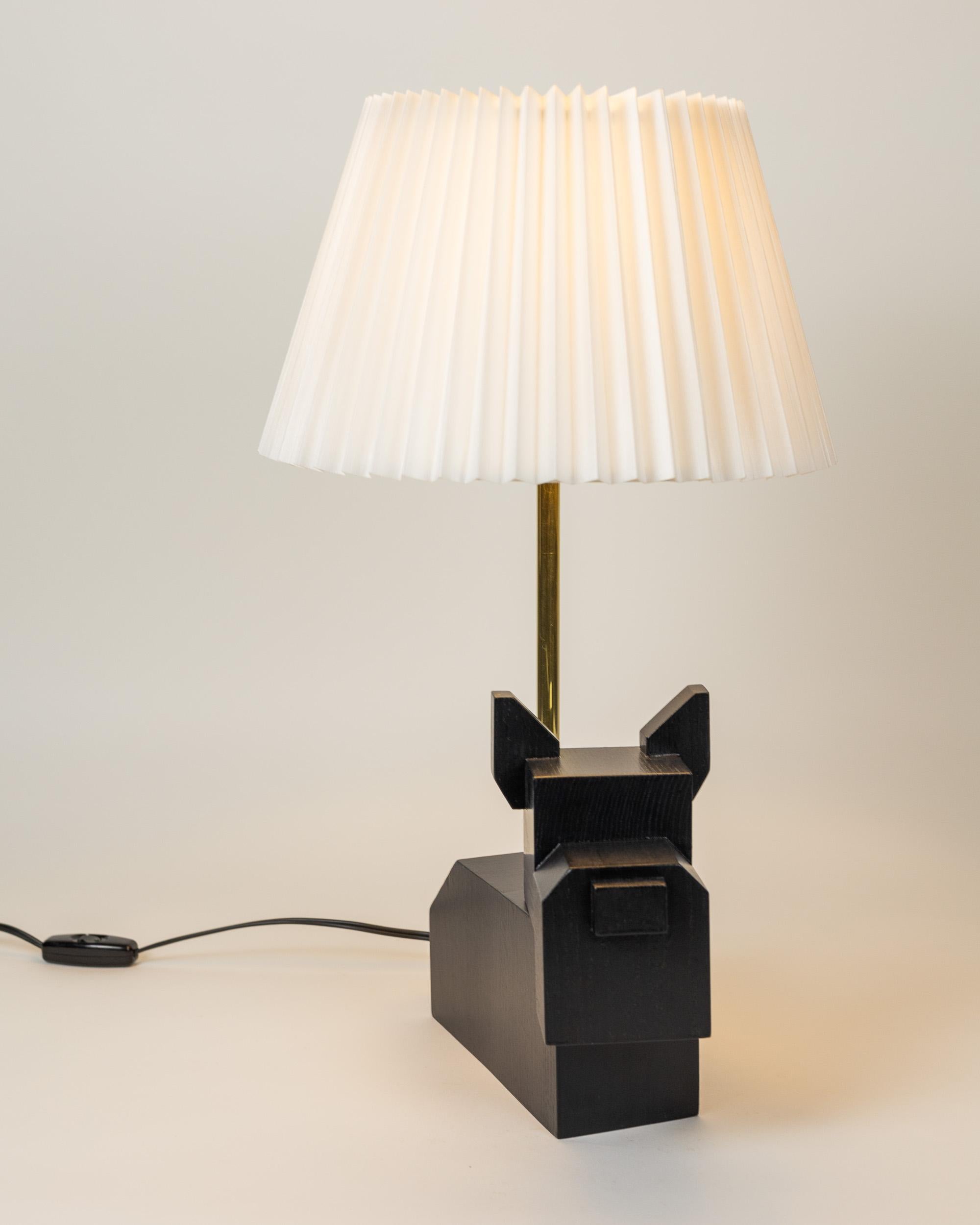 Hand-Crafted In-stock, Black Doggy Lamp, Wood Black Table Light with White Pleated Shade, Dog For Sale