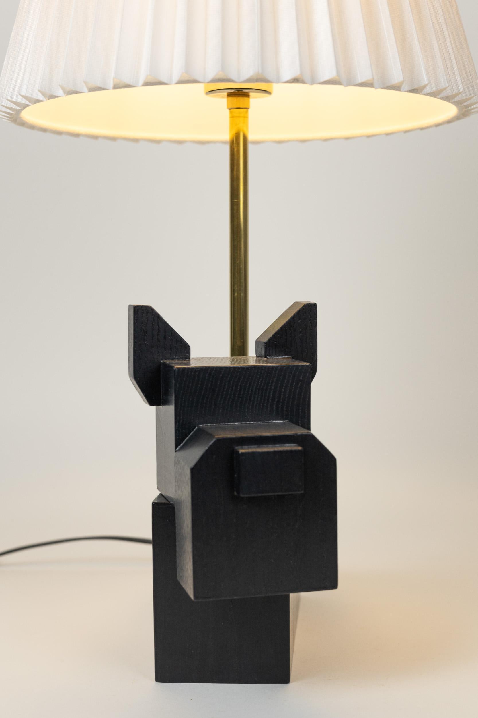 In-stock, Black Doggy Lamp, Wood Black Table Light with White Pleated Shade, Dog In New Condition For Sale In Brooklyn, NY