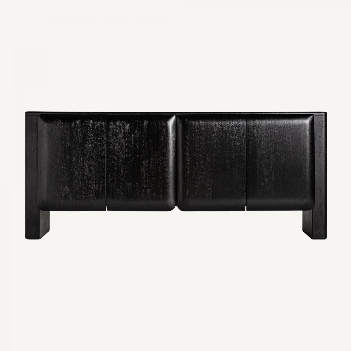 The contemporary and minimalist design of this mango wood sideboard buffet in a sleek black finish epitomizes understated elegance. Its minimalist aesthetic is characterized by clean lines and a focus on simplicity, allowing the natural beauty of