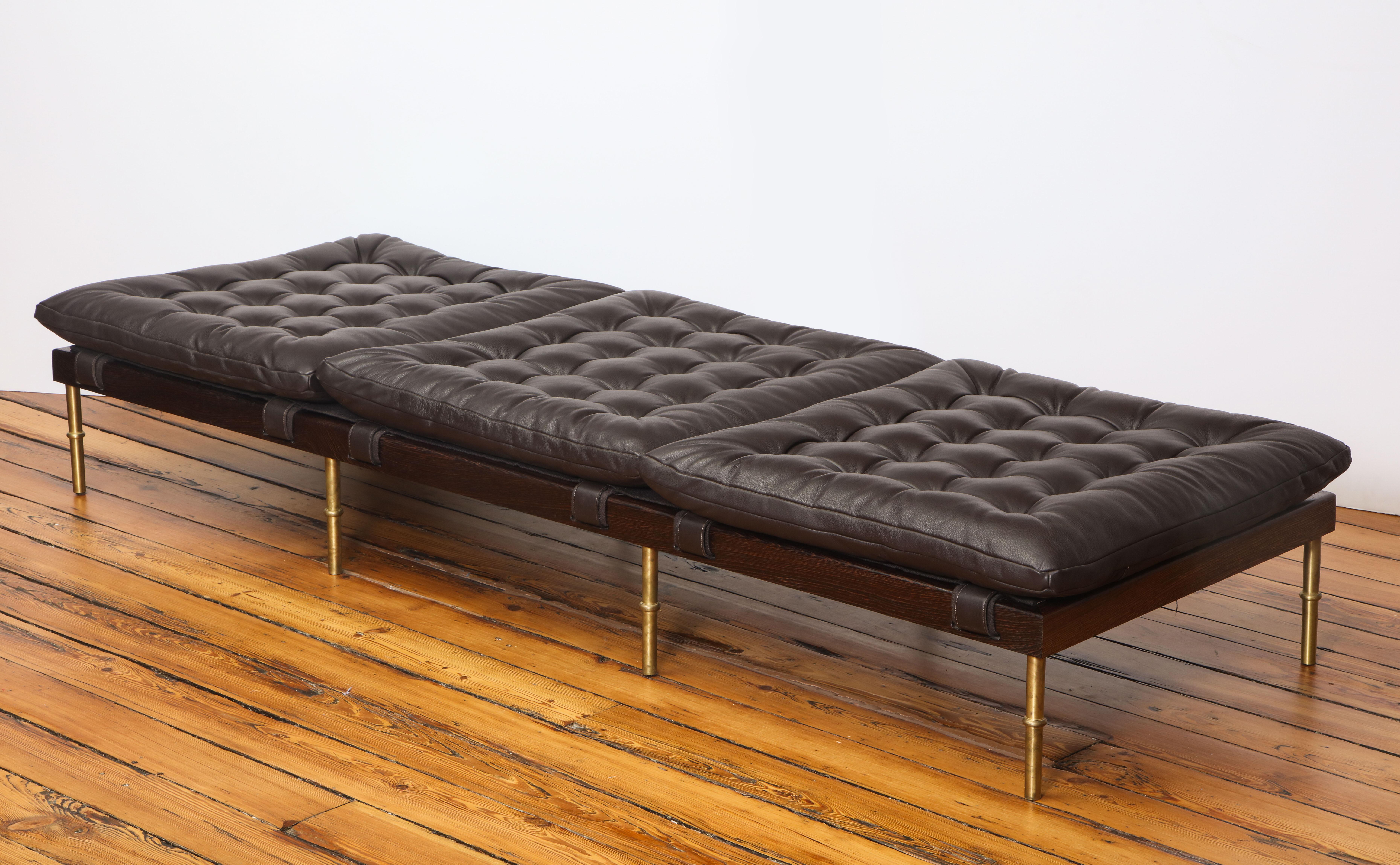 Campanha Daybed, Tufted Leather with Oiled Wenge Base and Antiqued Brass Legs For Sale