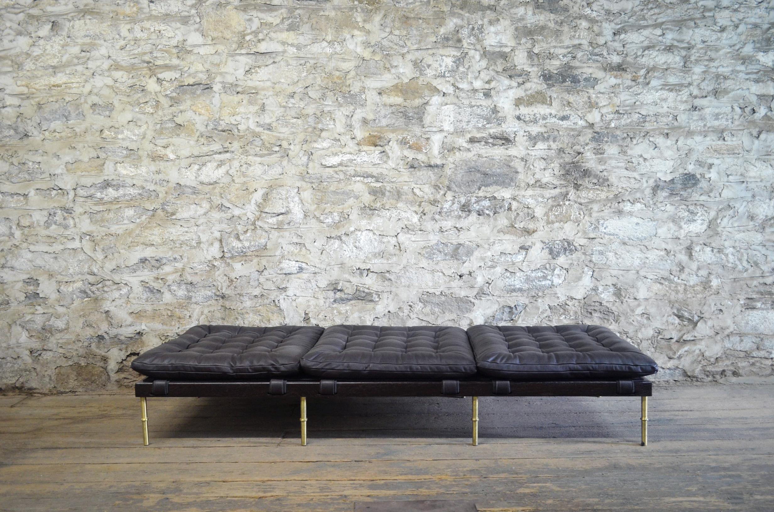 Brushed Campanha Daybed, Tufted Leather with Oiled Wenge Base and Antiqued Brass Legs For Sale