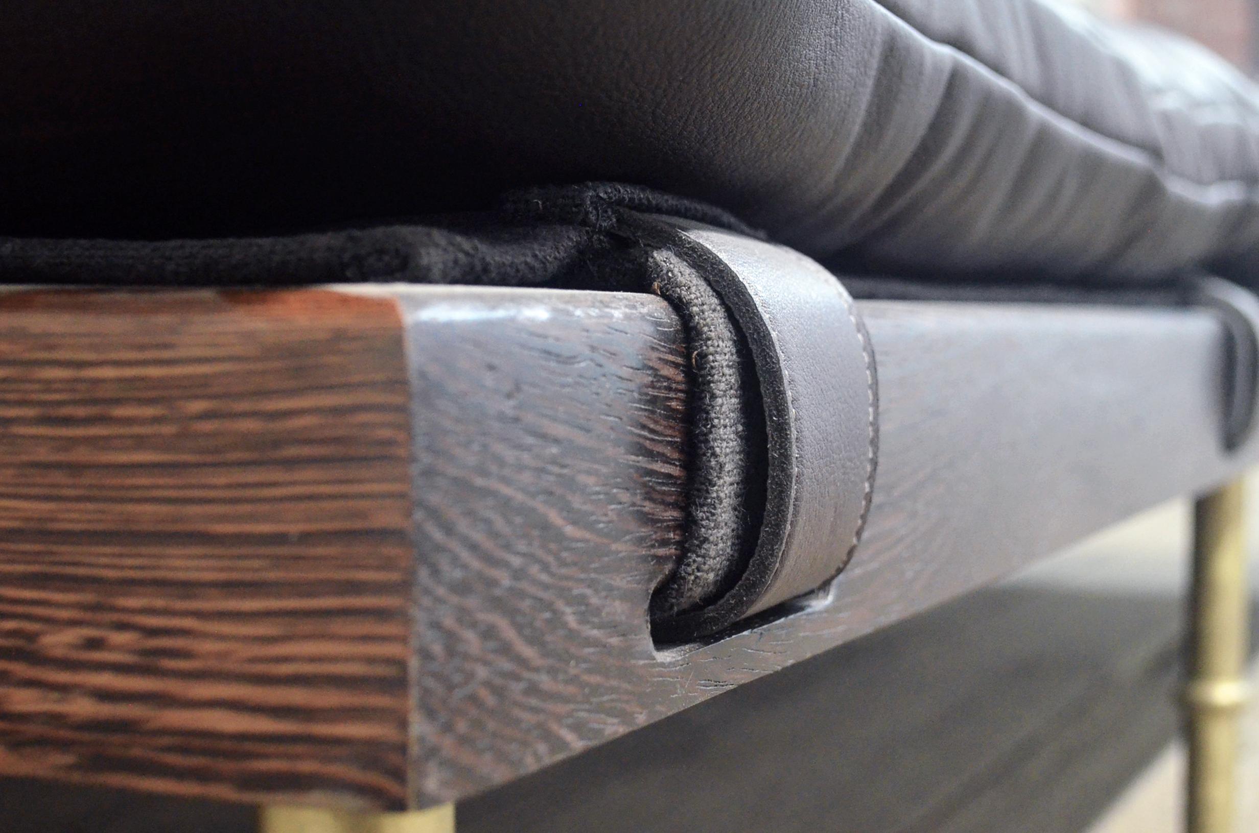 American Campanha Daybed, Tufted Leather with Oiled Wenge Base and Antiqued Brass Legs For Sale