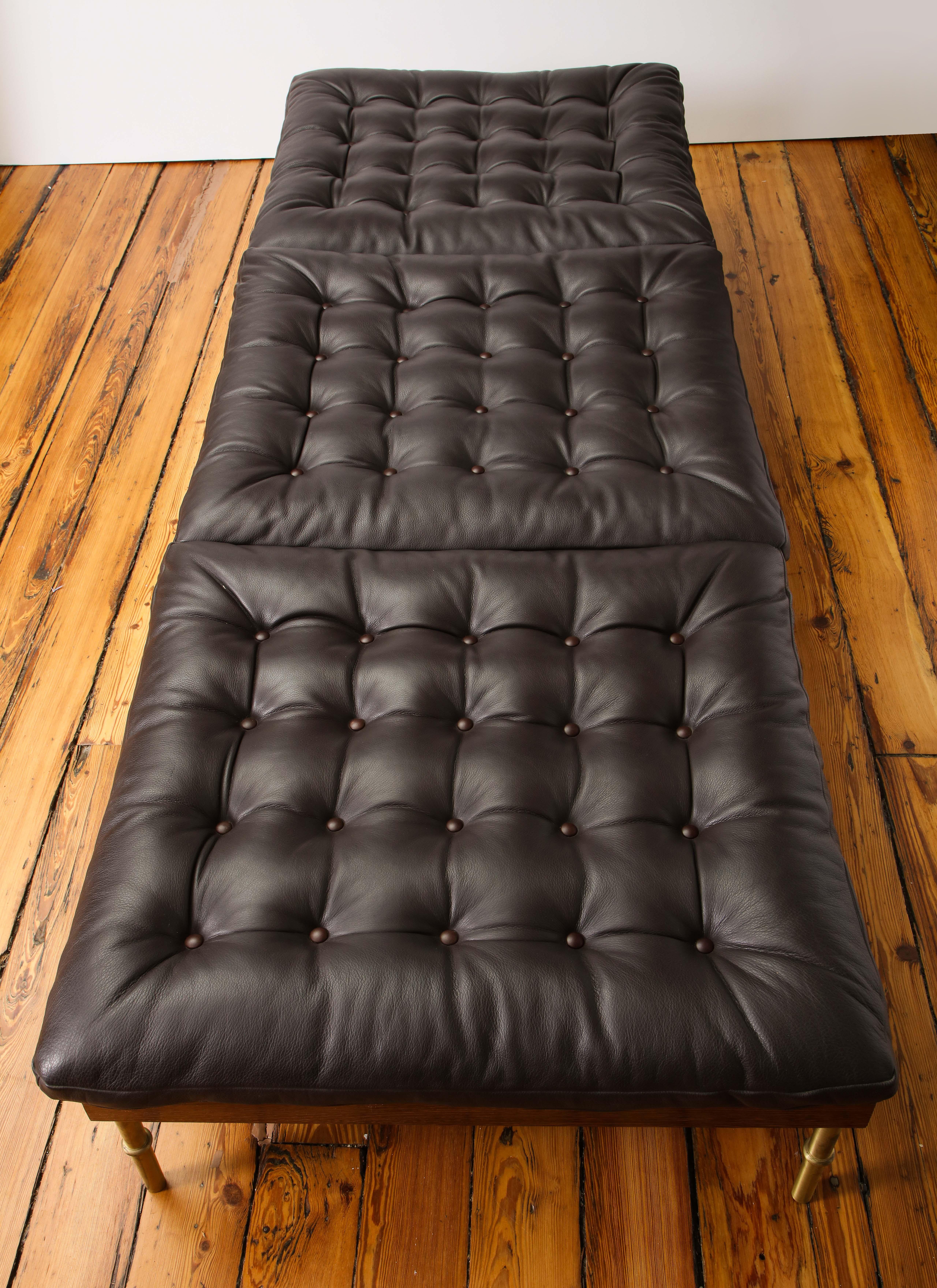 Mid-Century Modern Campanha Daybed, Tufted Leather with Oiled Wenge Base and Antiqued Brass Legs For Sale