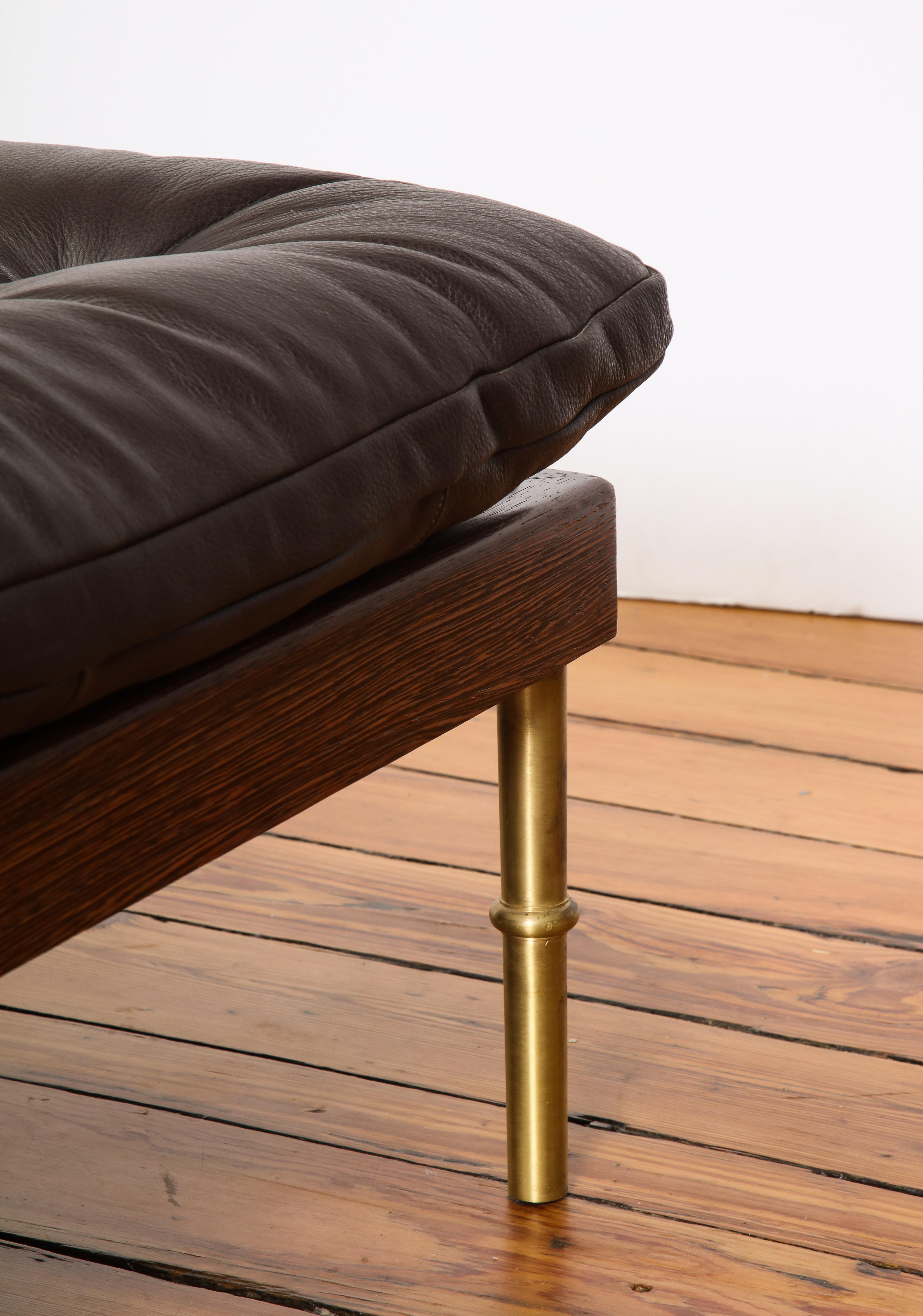 Campanha Daybed, Tufted Leather with Oiled Wenge Base and Antiqued Brass Legs In Good Condition For Sale In Brooklyn, NY