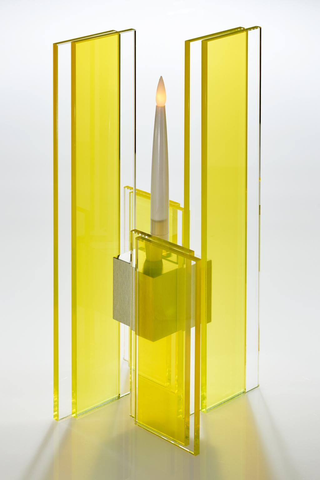 Modern Contemporary Yellow Glass & Aluminum Candlestick For Sale