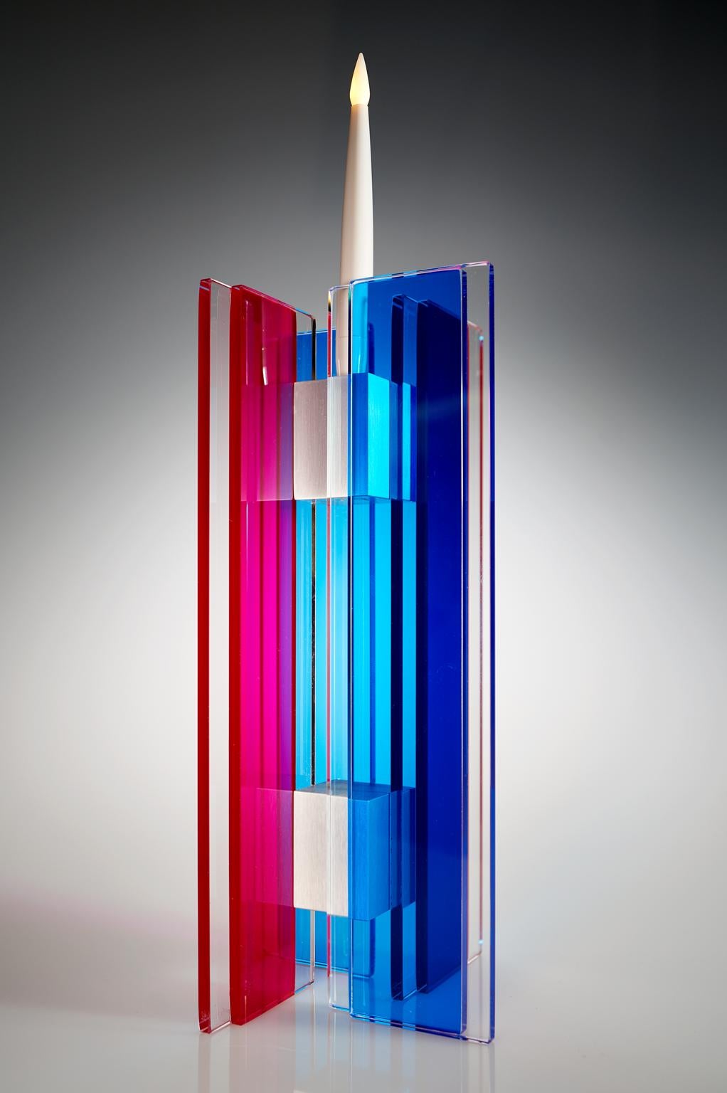 American Contemporary Blue & Red Glass & Aluminum Candlestick For Sale