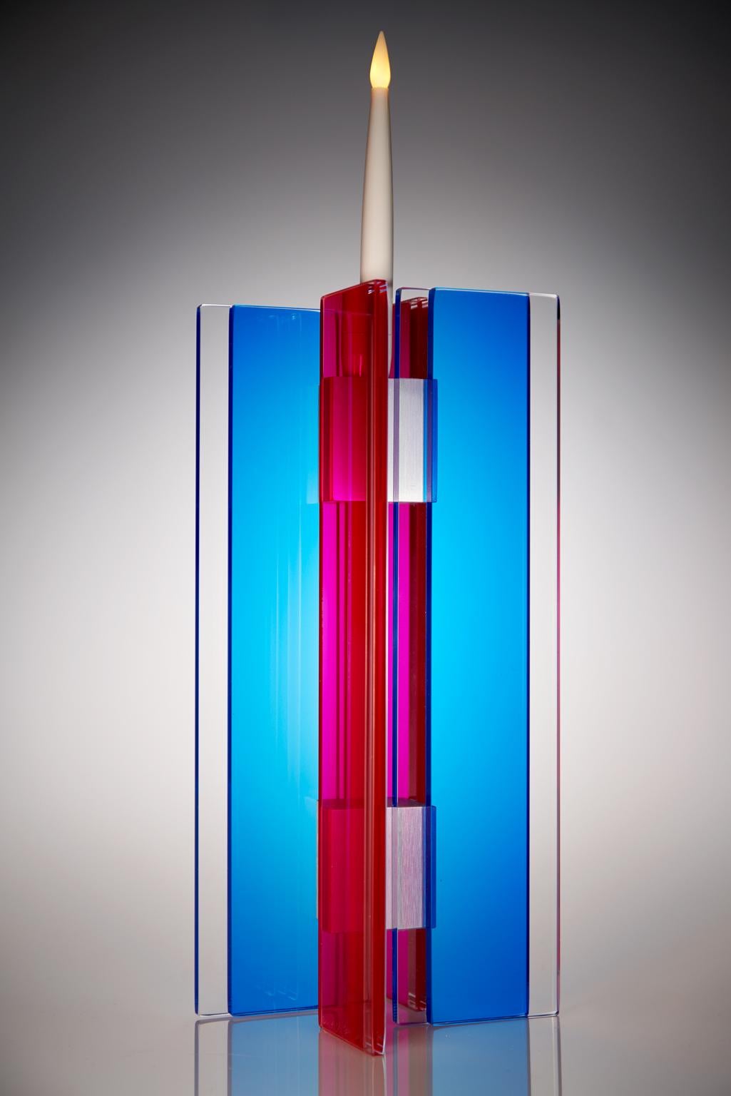 Anodized Contemporary Blue & Red Glass & Aluminum Candlestick For Sale