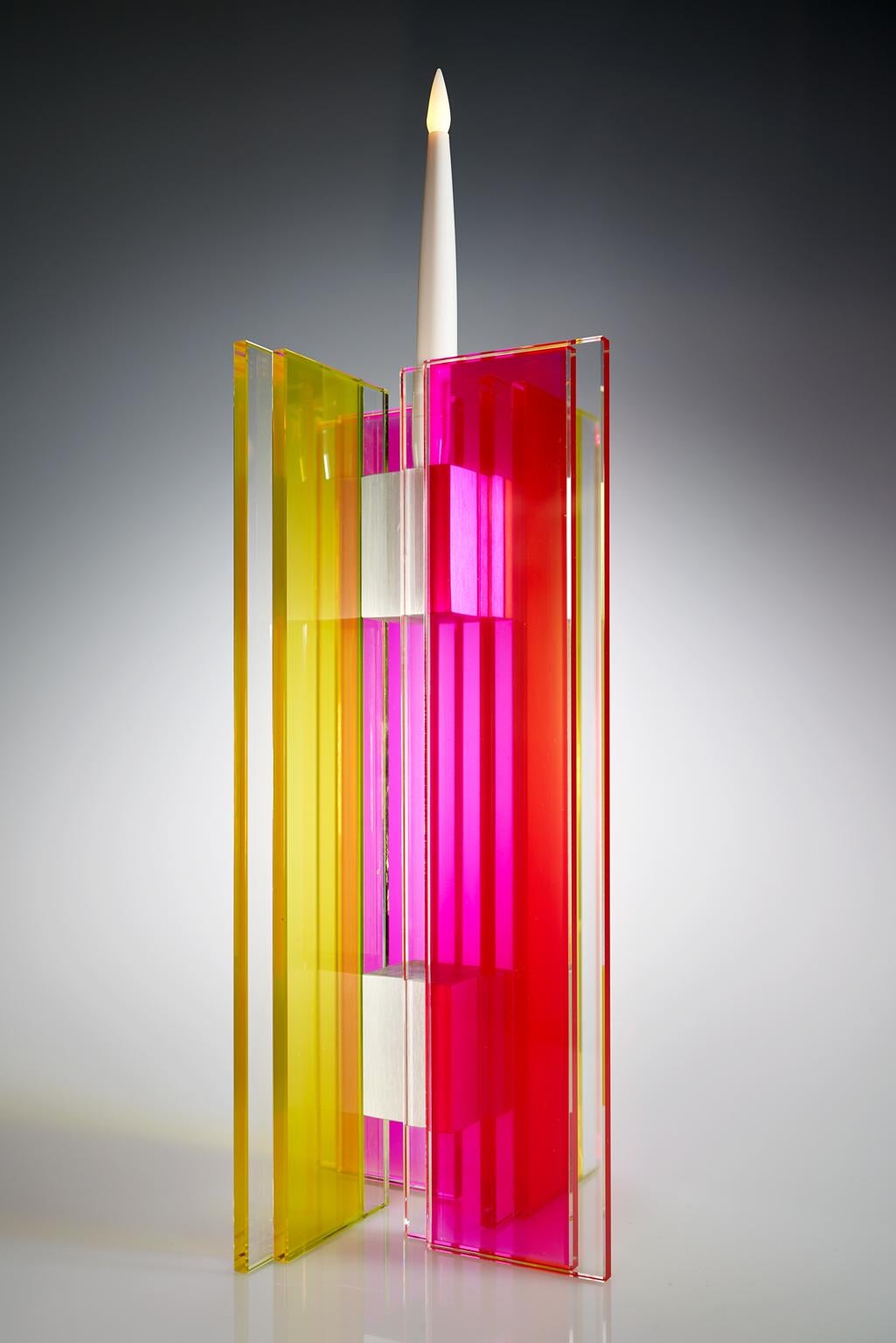 Anodized Contemporary Pink & Yellow Glass & Aluminum Candlestick For Sale