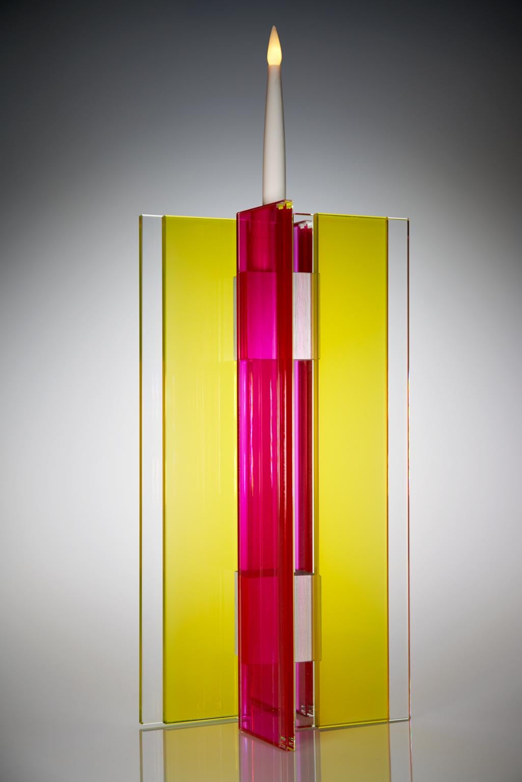 Contemporary Pink & Yellow Glass & Aluminum Candlestick In New Condition For Sale In Waltham, MA