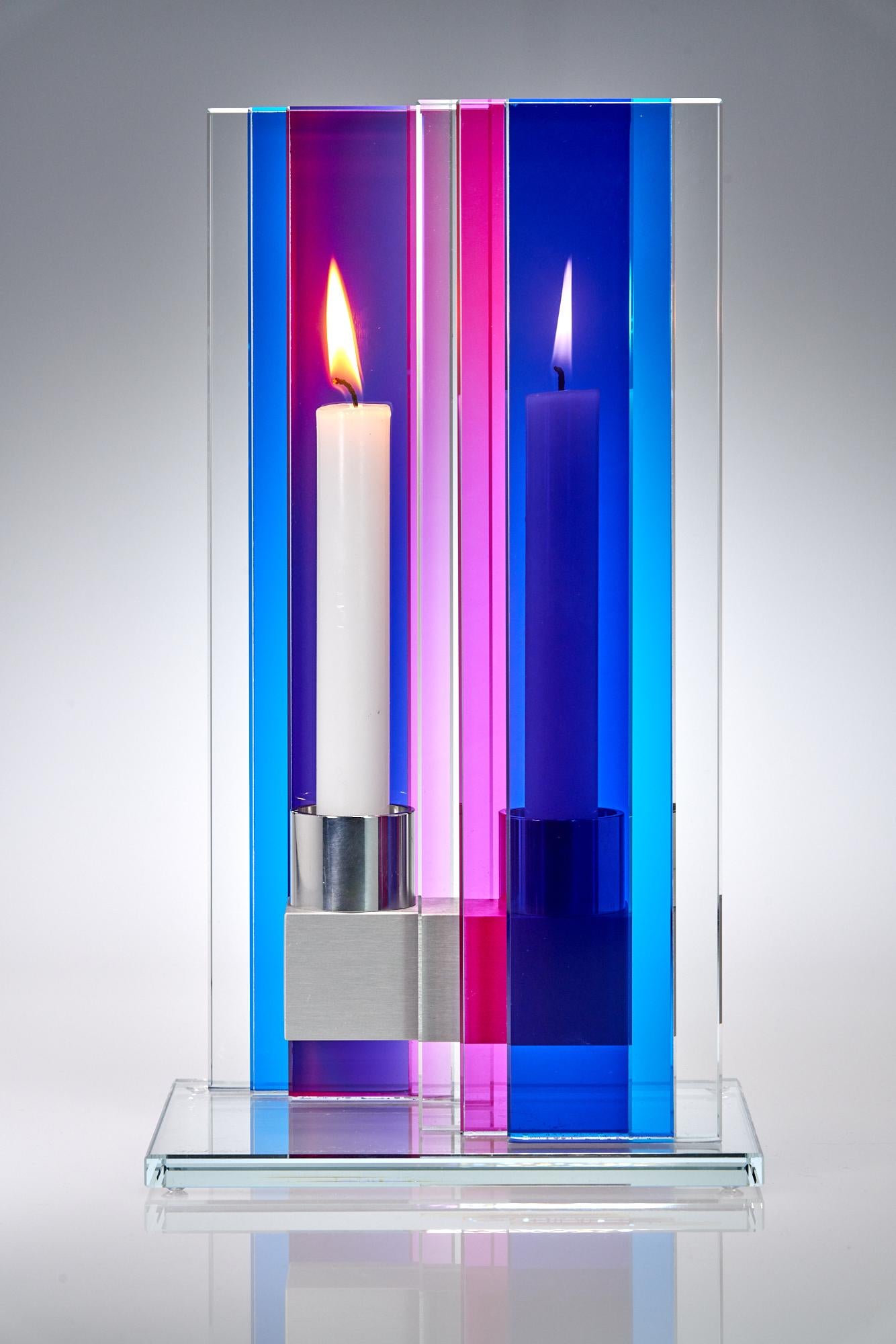 Anodized Contemporary Blue & Pink Glass & Aluminum Candlestick For Sale