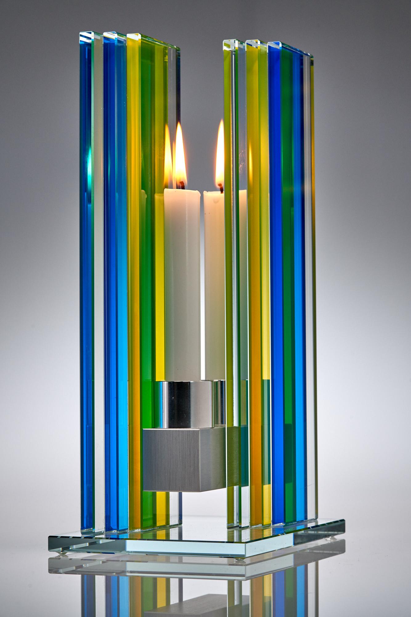 Contemporary Blue & Yellow Glass & Aluminum Candlestick In New Condition For Sale In Waltham, MA